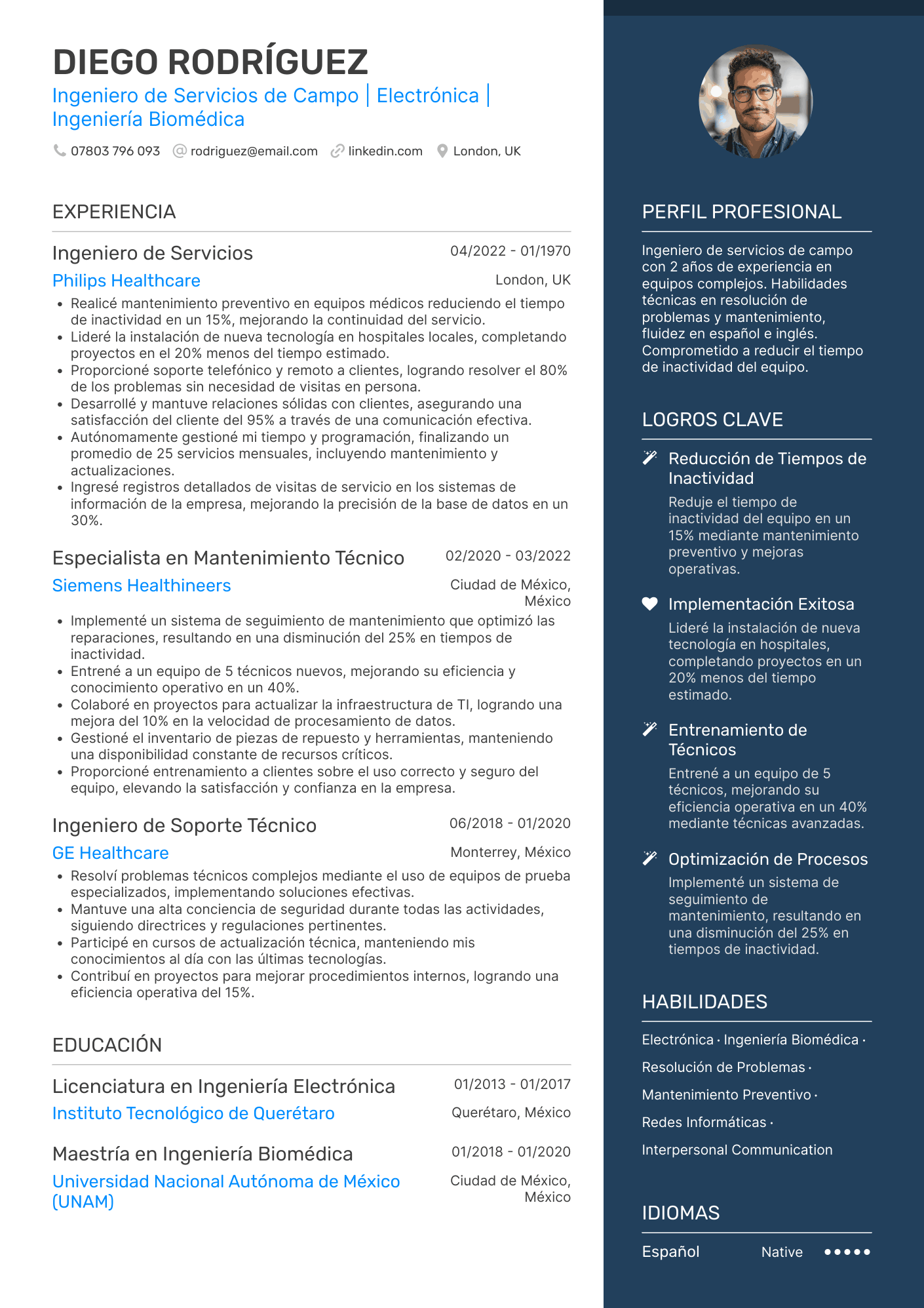 Ingeniero de Servicios de Campo | Electrónica | Ingeniería Biomédica CV Example
