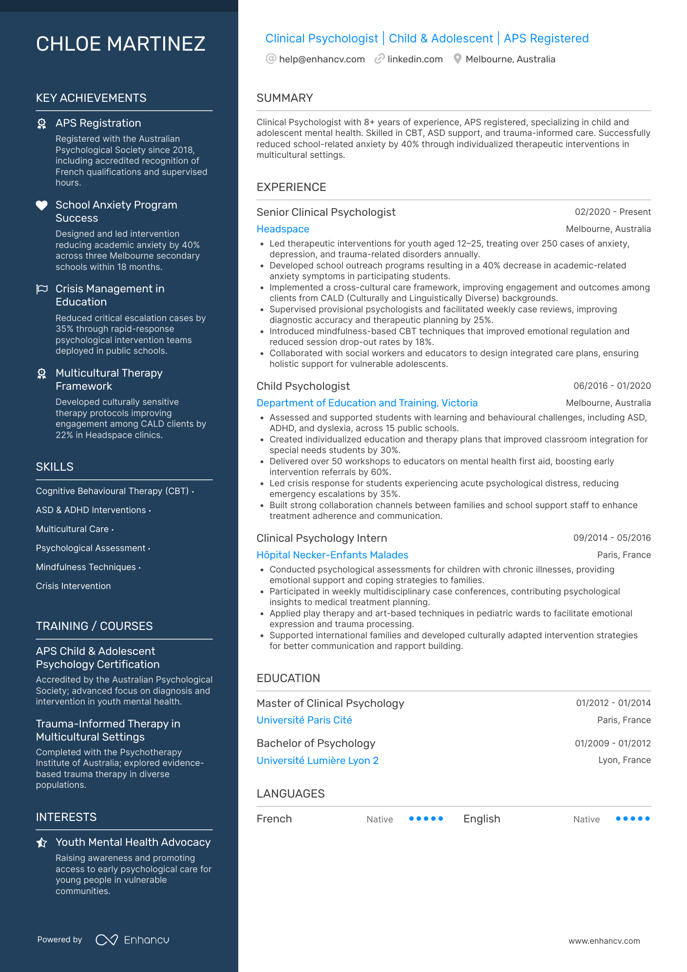 Clinical Psychologist | Child &amp; Adolescent | APS Registered resume example
