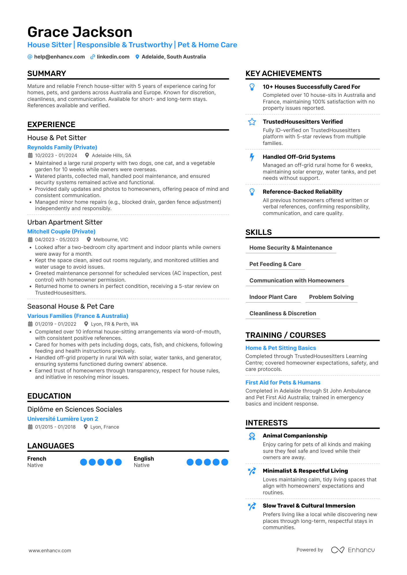 House Sitter | Responsible &amp; Trustworthy | Pet &amp; Home Care resume example