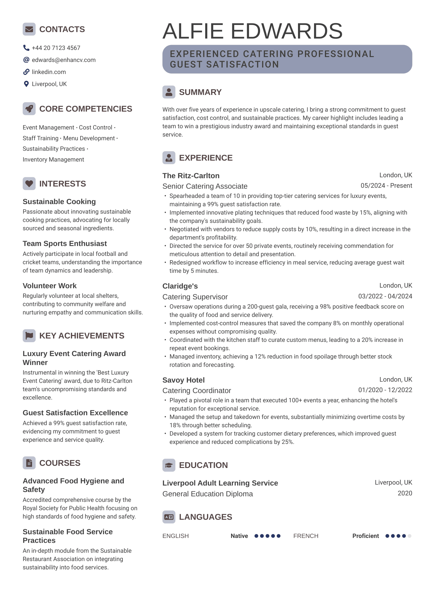 EXPERIENCED CATERING PROFESSIONAL GUEST SATISFACTION resume example