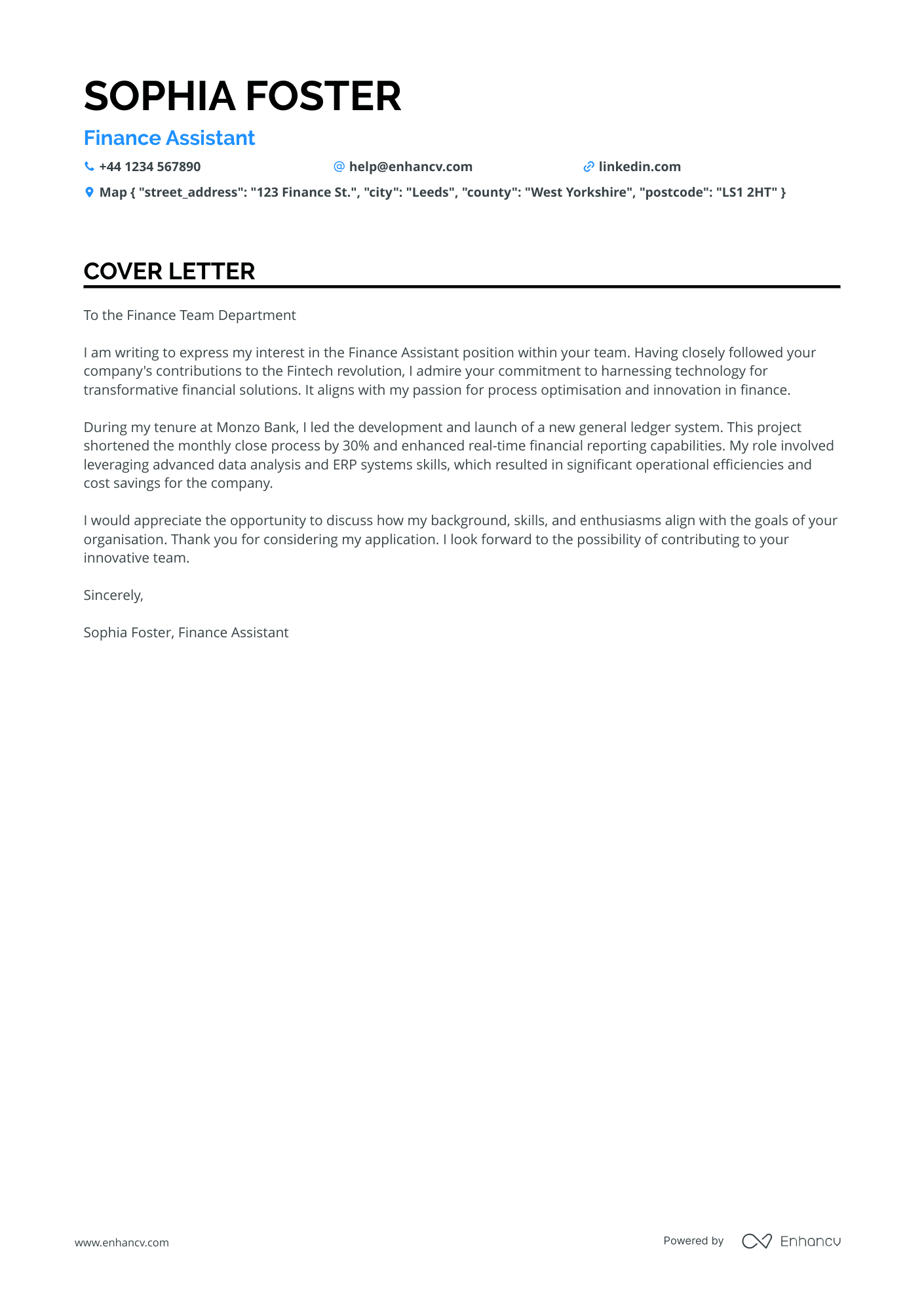 Finance cover letter example
