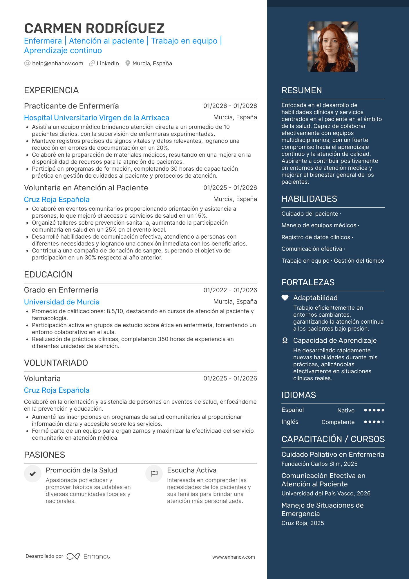 Enfermera | Atención al paciente | Trabajo en equipo | Aprendizaje continuo Ejemplo de CV