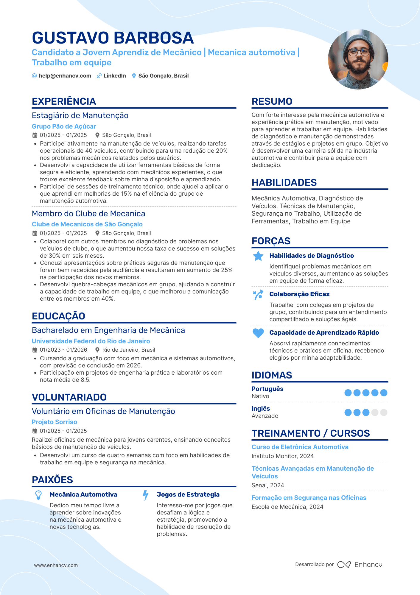 Candidato a Jovem Aprendiz de Mecânico | Mecanica automotiva | Trabalho em equipe Exemplo de CV