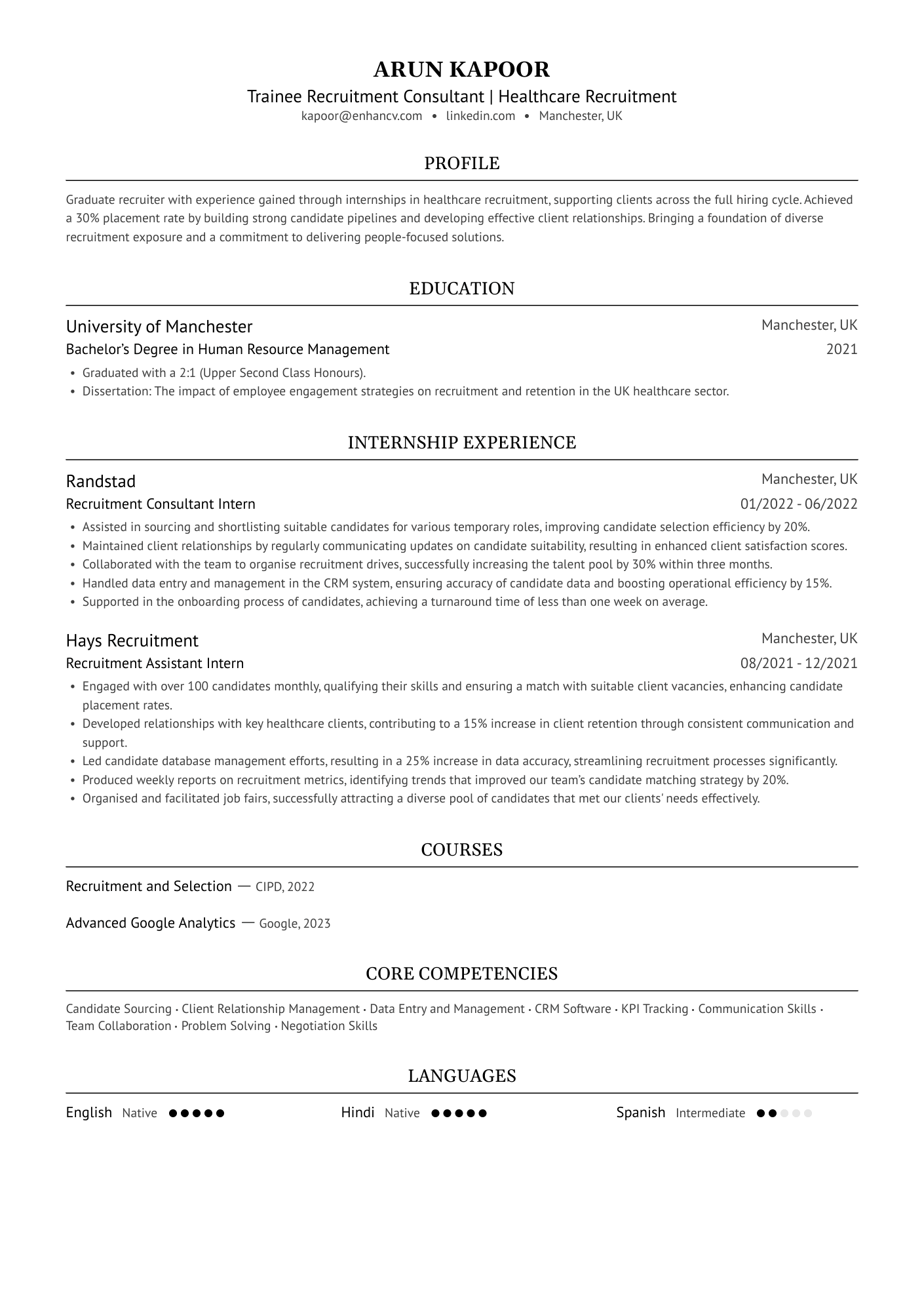 Trainee Recruitment Consultant | Healthcare Recruitment CV Example