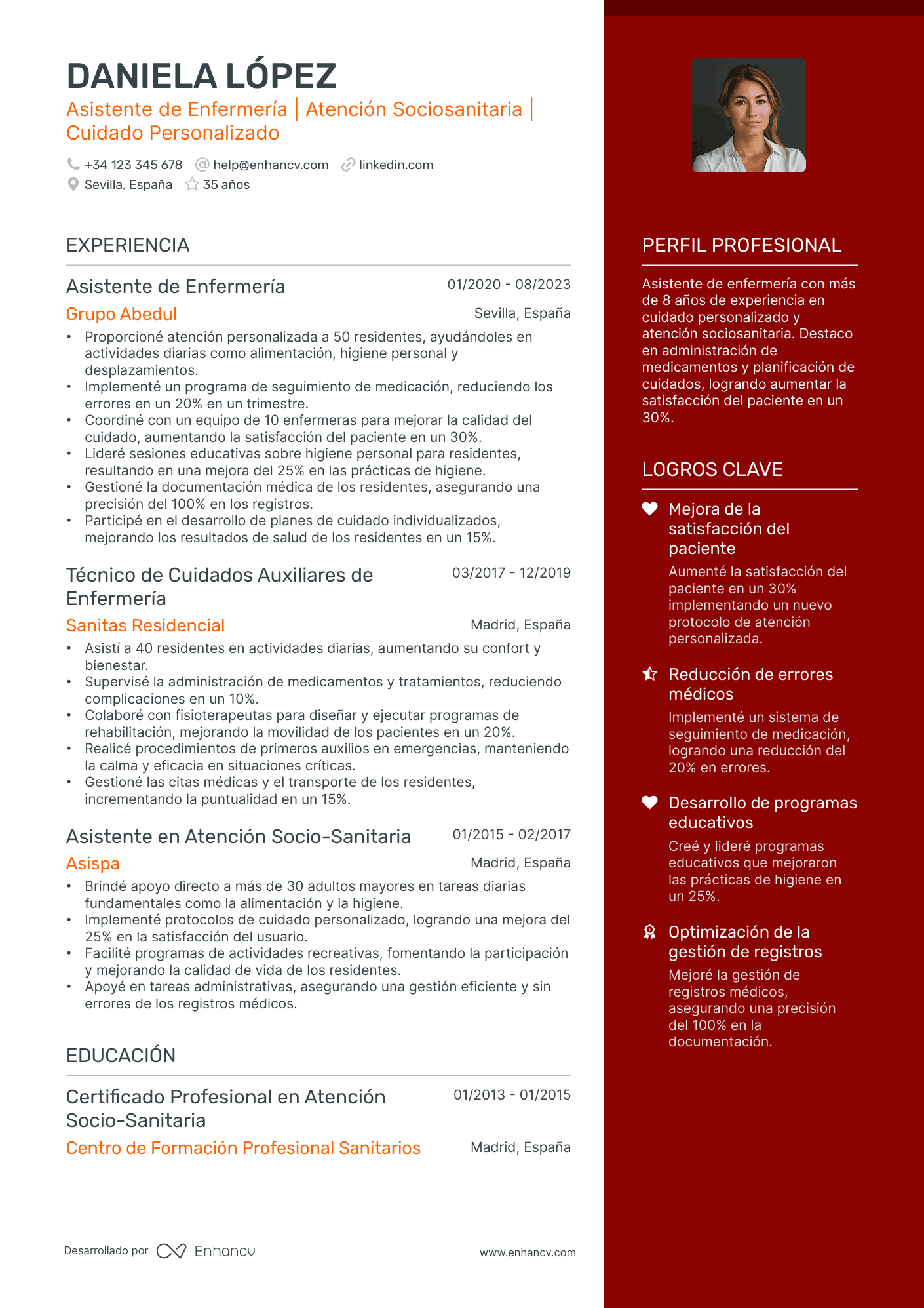 Asistente de Enfermería | Atención Sociosanitaria | Cuidado Personalizado resume example