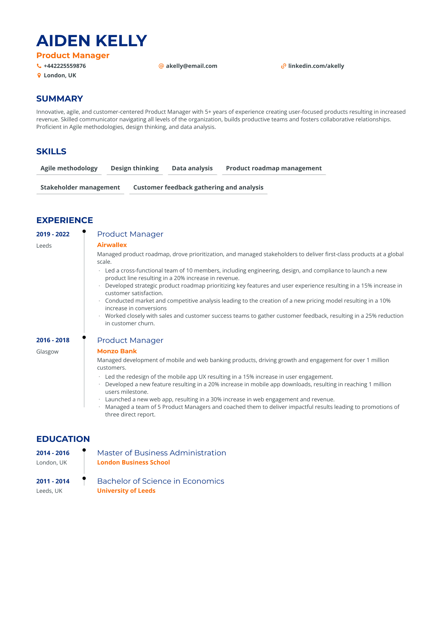 Product Manager CV example