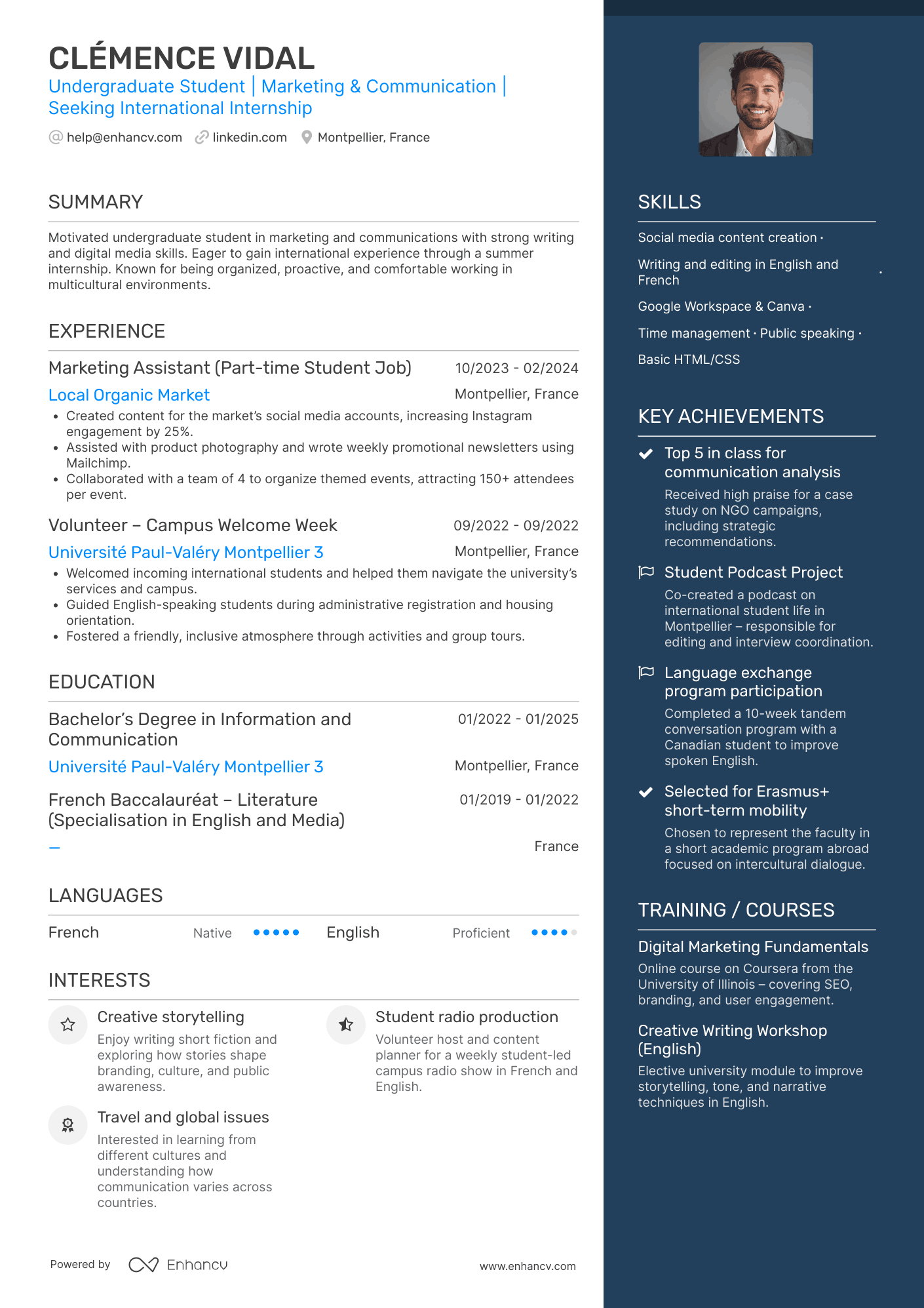Undergraduate Student | Marketing &amp; Communication | Seeking International Internship resume example
