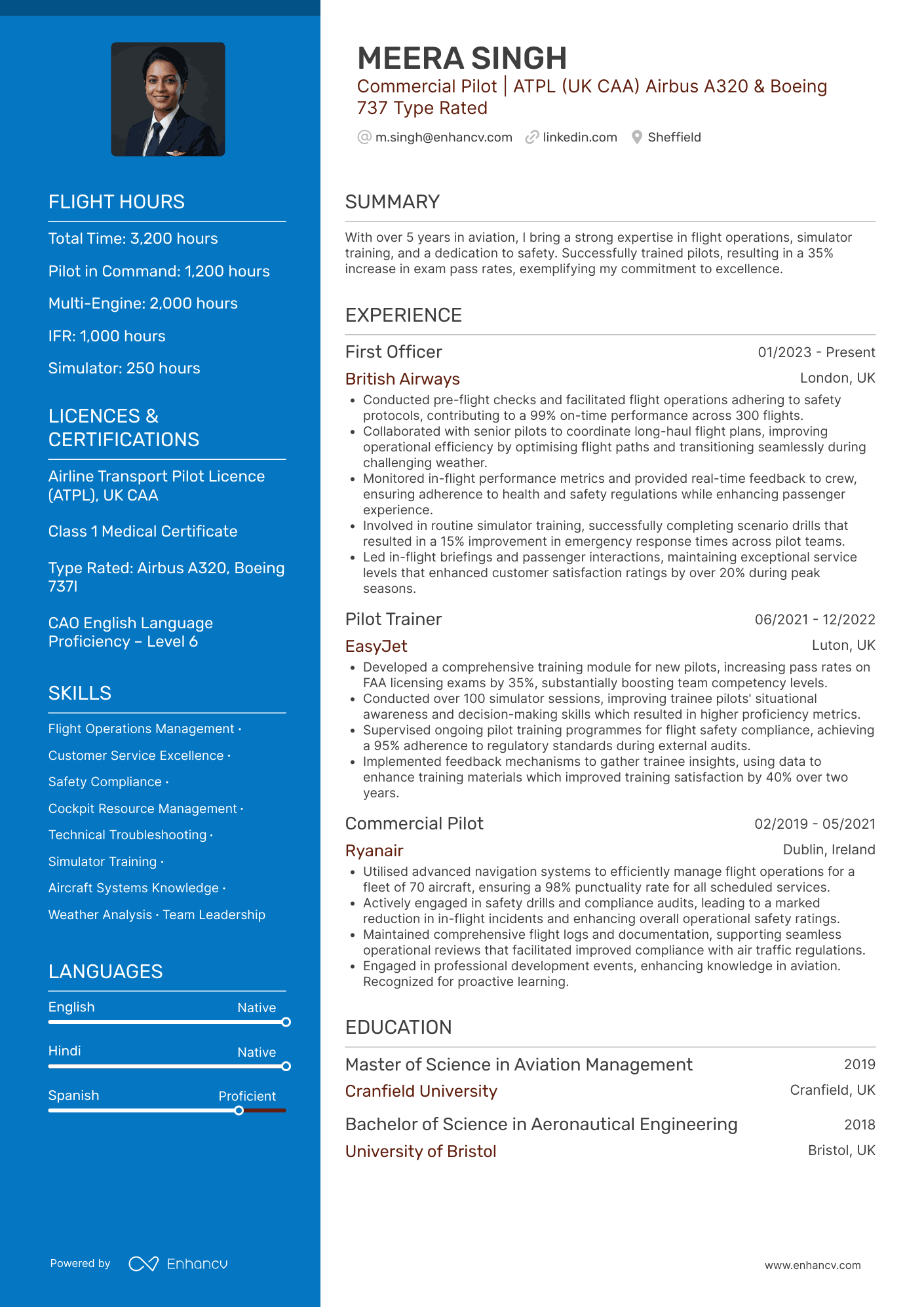 Commercial Pilot | ATPL (UK CAA) Airbus A320 &amp; Boeing 737 Type Rated CV Example