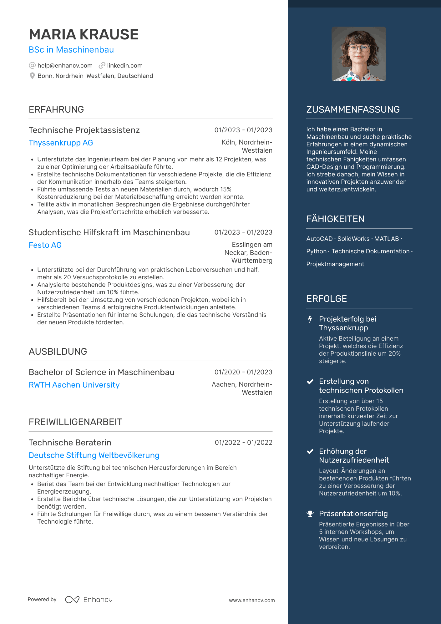 BSc in Maschinenbau Lebenslauf Beispiel