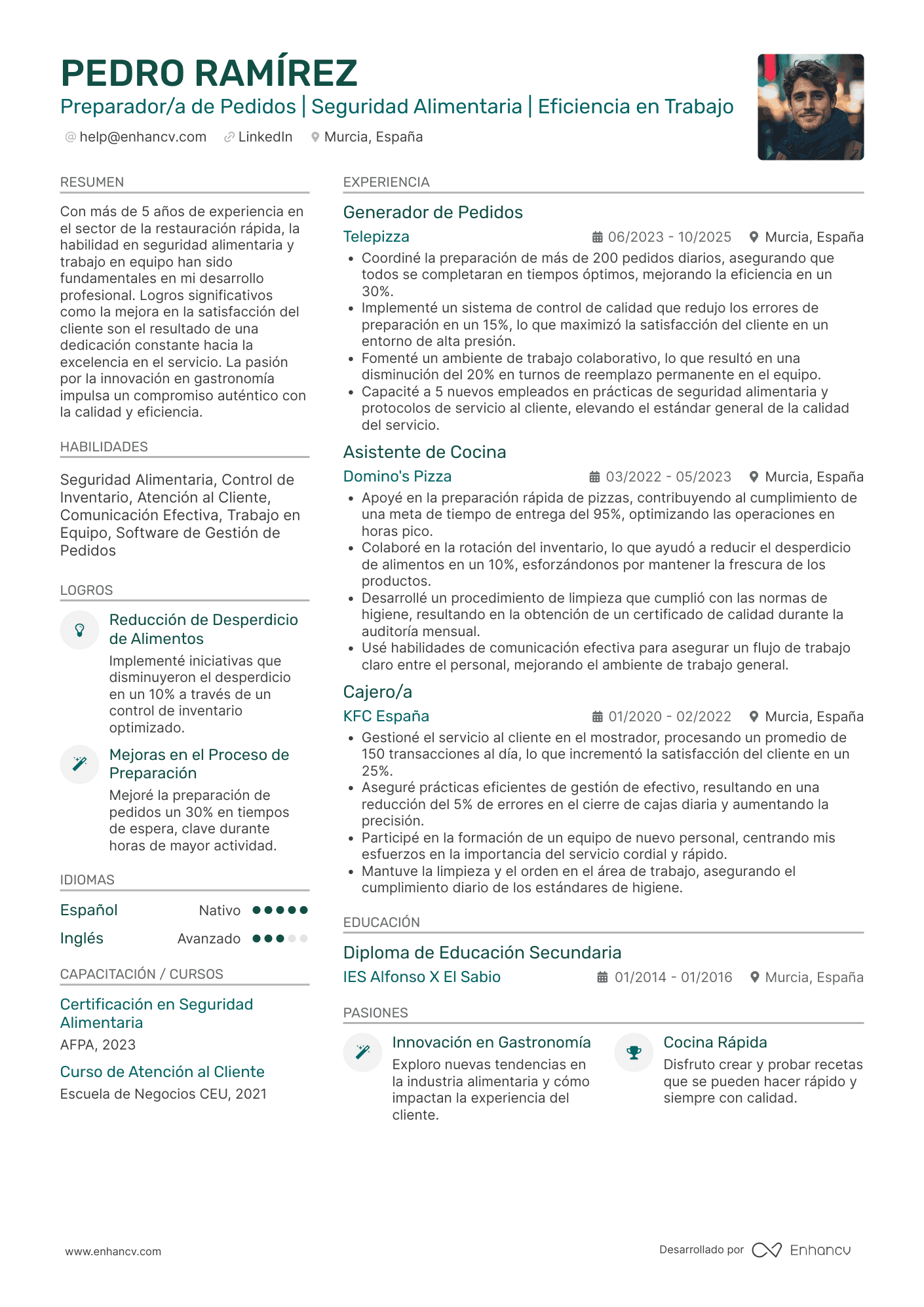 Preparador/a de Pedidos | Seguridad Alimentaria | Eficiencia en Trabajo Ejemplo de CV