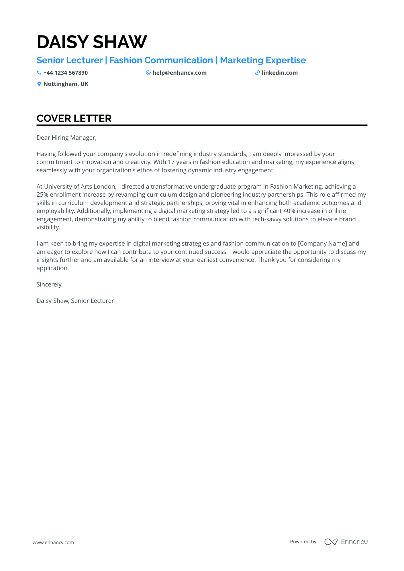 Fashion Marketing cover letter example