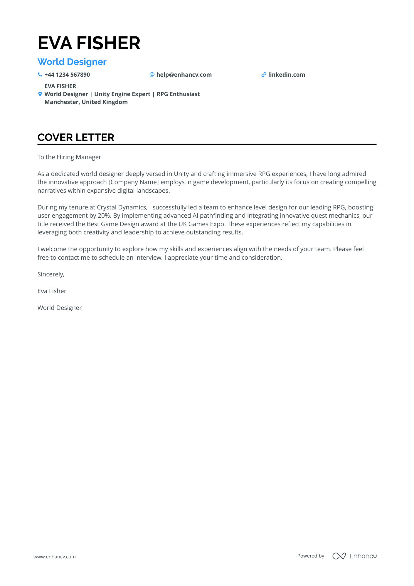 Game developer cover letter example