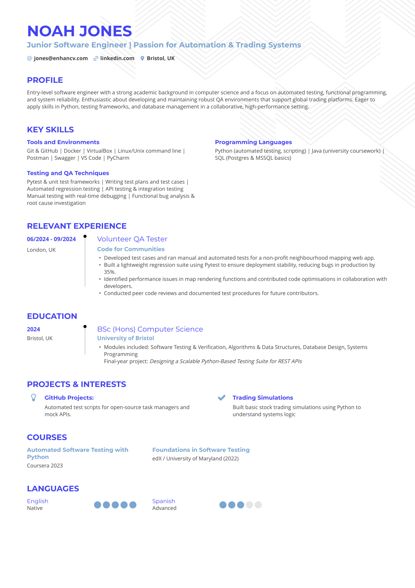 Junior Software Engineer | Passion for Automation &amp; Trading Systems CV Example
