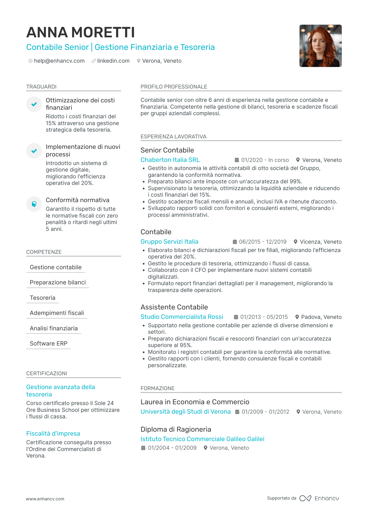 Contabile Senior | Gestione Finanziaria e Tesoreria resume example