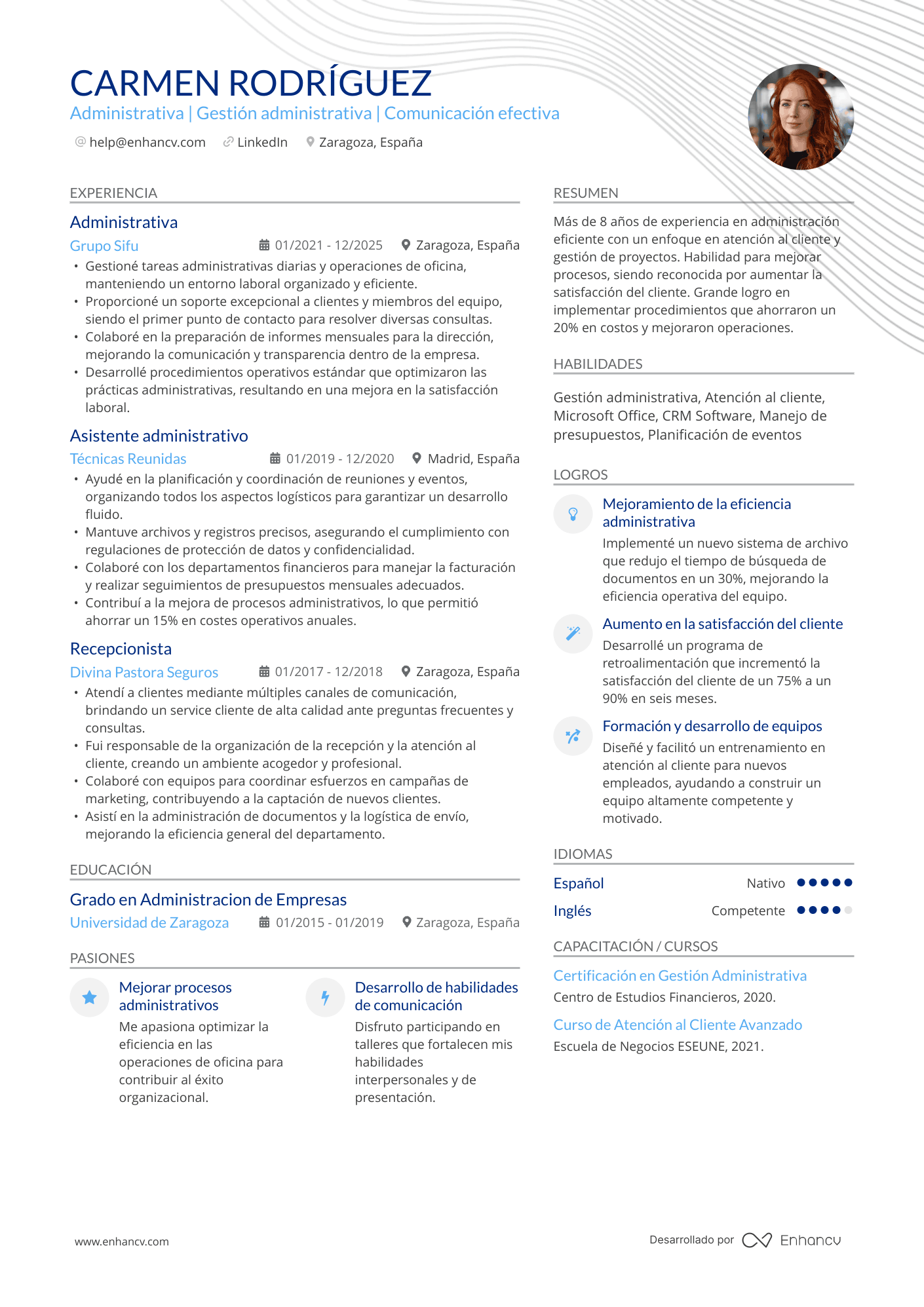 Administrativa | Gestión administrativa | Comunicación efectiva Ejemplo de CV