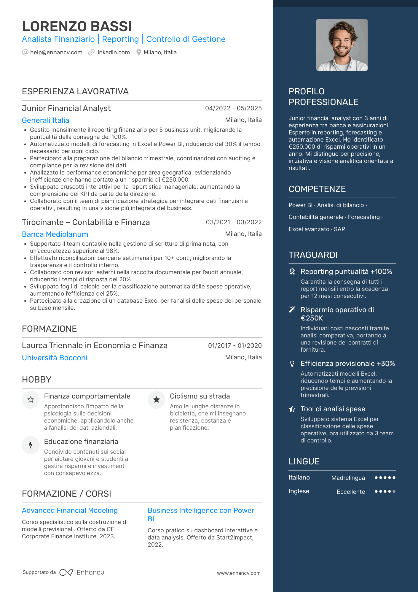 Analista Finanziario | Reporting | Controllo di Gestione Esempio di CV