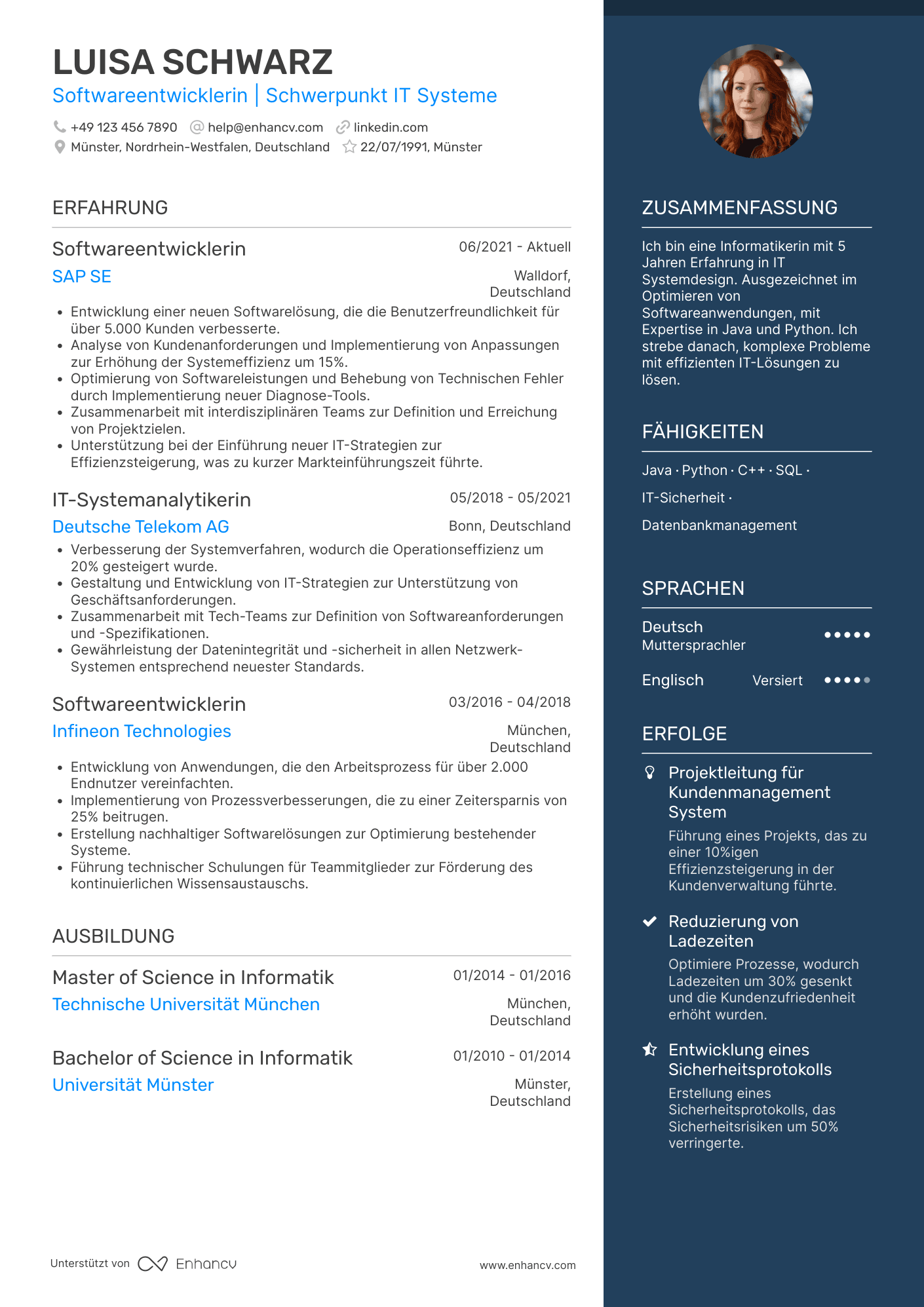 Softwareentwicklerin | Schwerpunkt IT Systeme Lebenslauf Beispiel