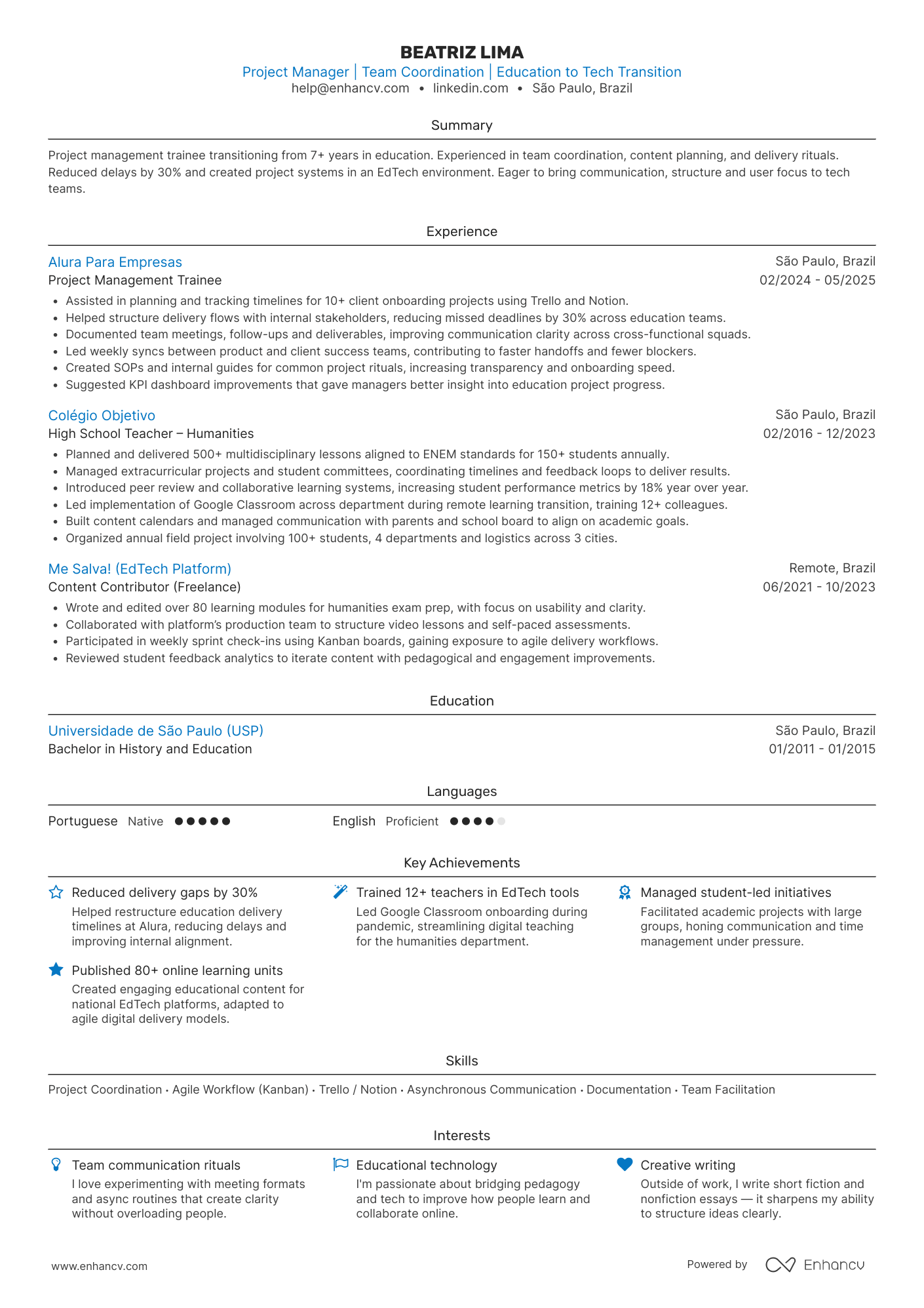 Project Manager | Team Coordination | Education to Tech Transition resume example