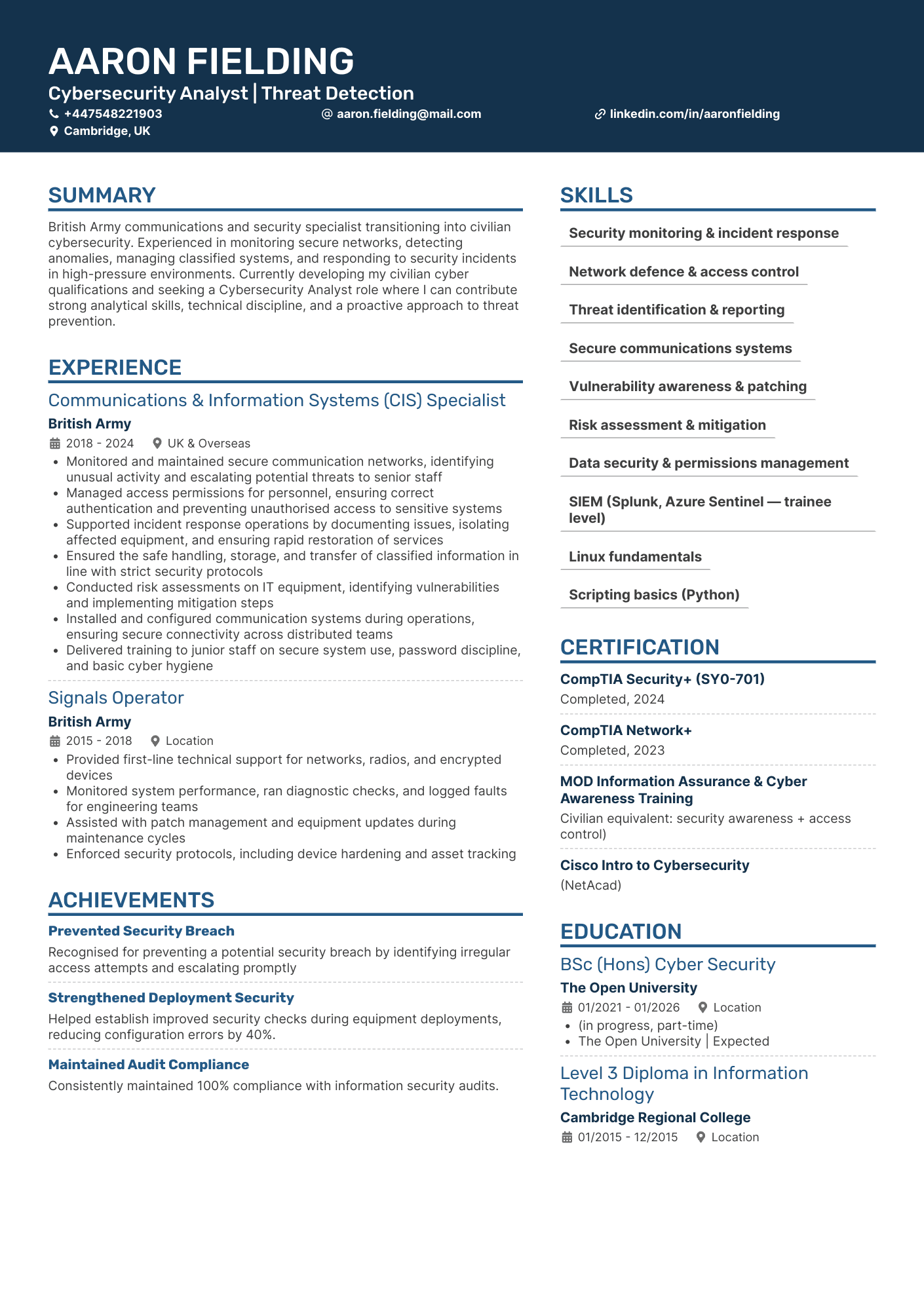 Cybersecurity Analyst | Threat Detection CV Example