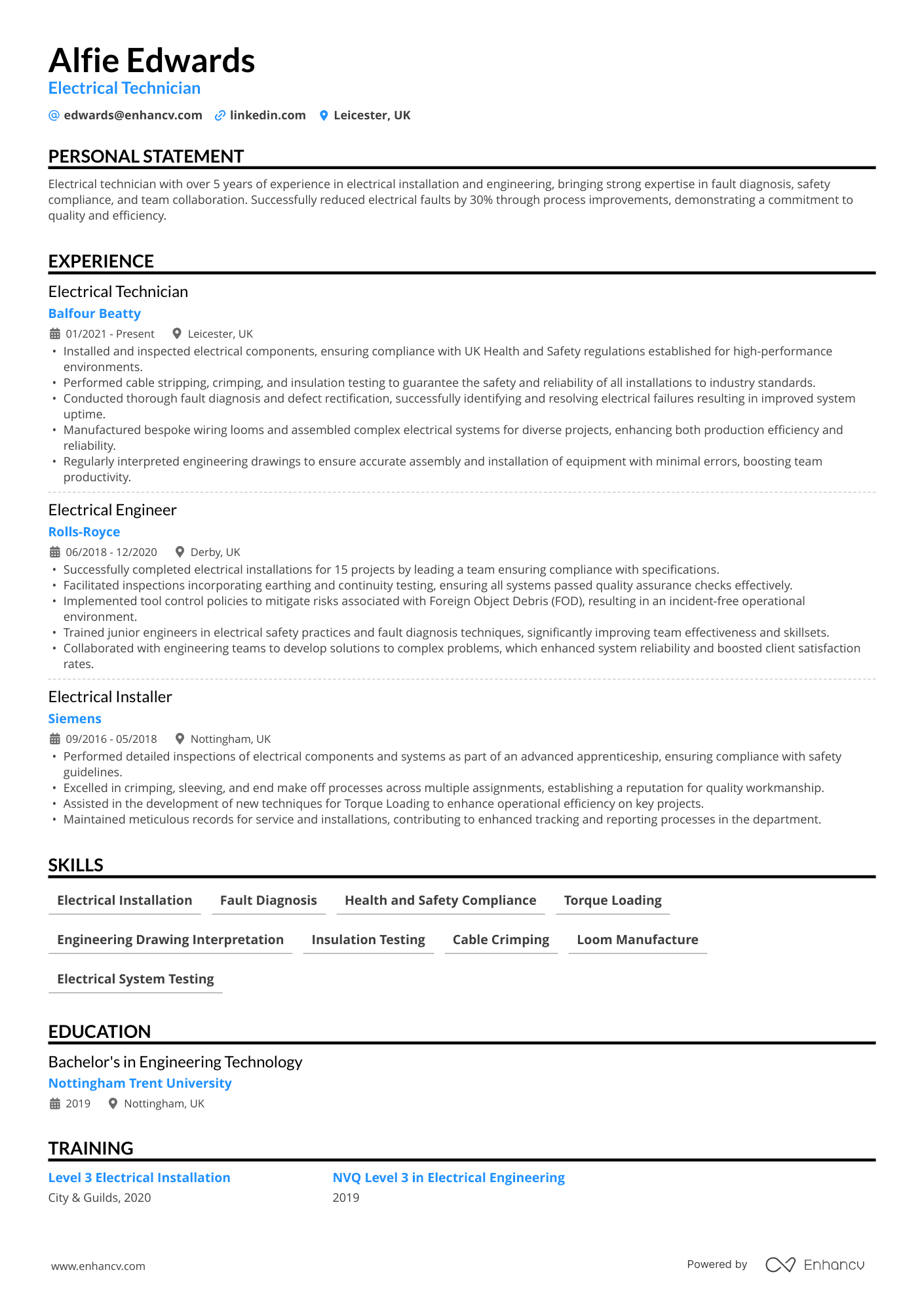 Electrical Technician CV Example