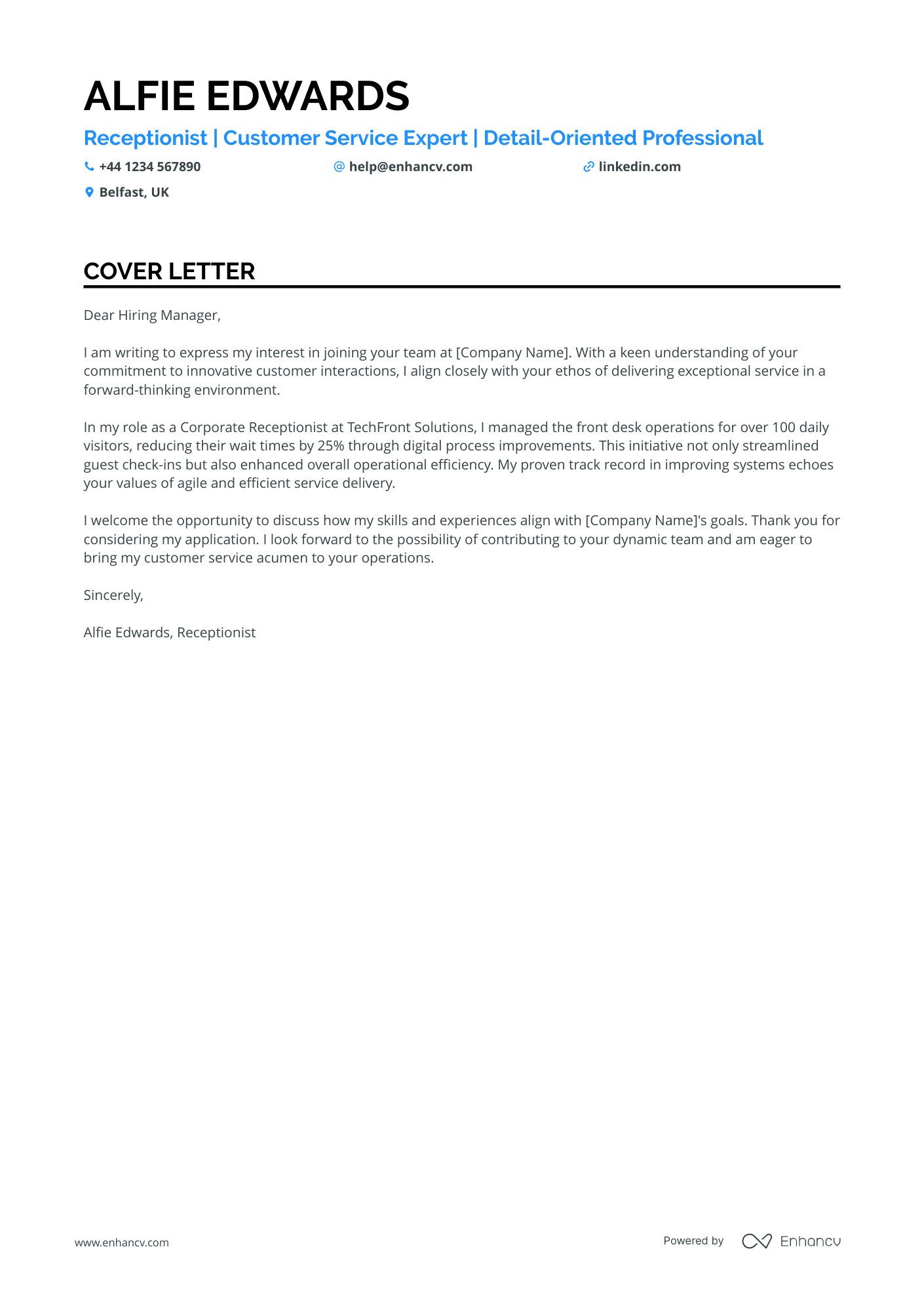 Receptionist cover letter example