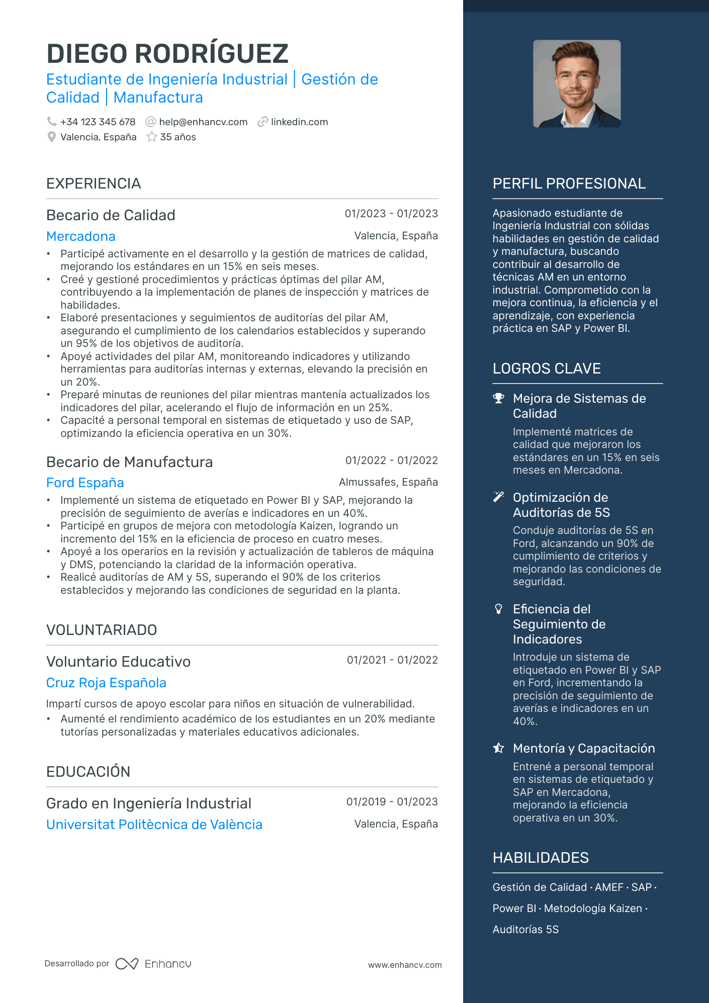 Estudiante de Ingeniería Industrial | Gestión de Calidad | Manufactura resume example