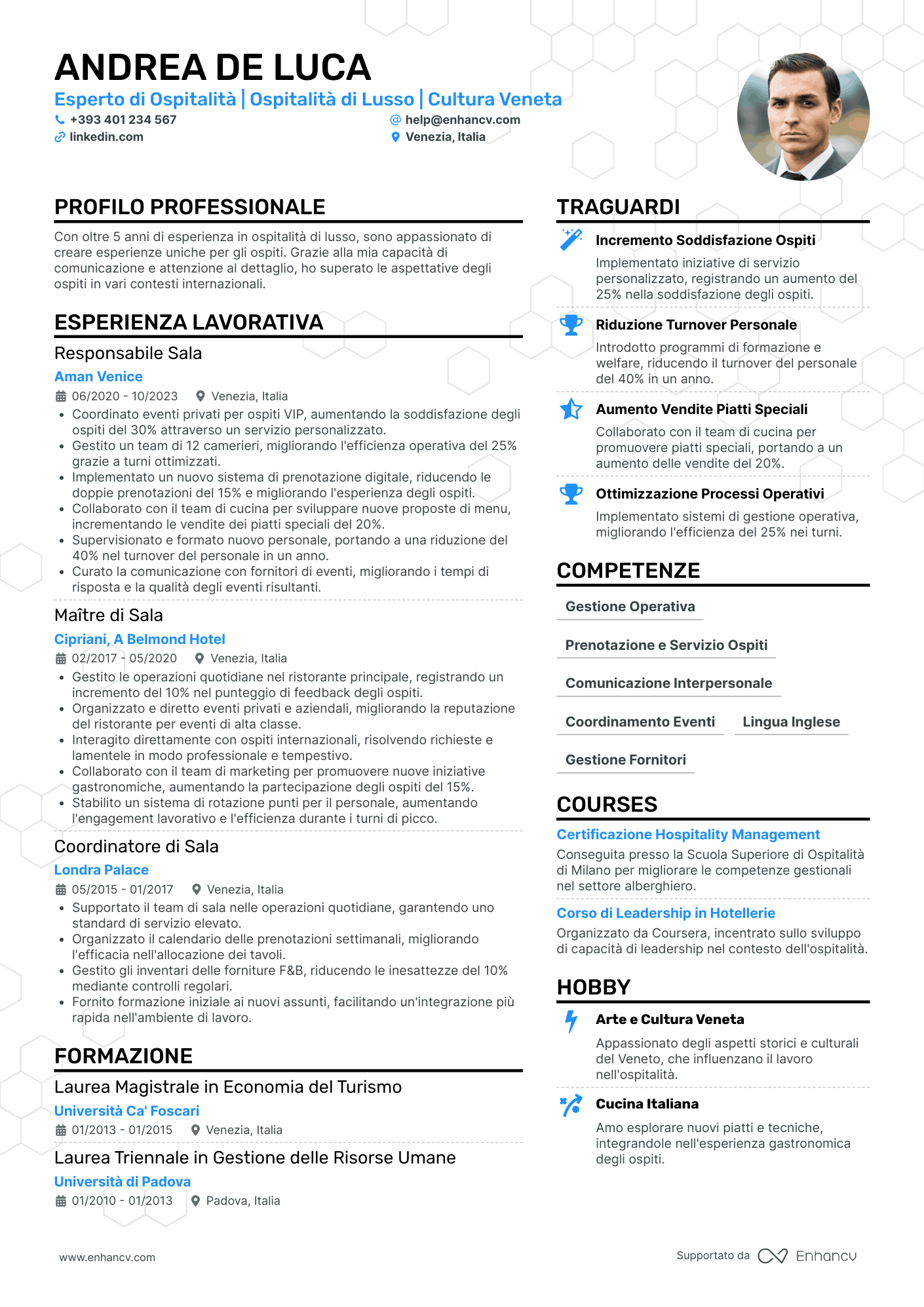 Esperto di Ospitalità | Ospitalità di Lusso | Cultura Veneta resume example