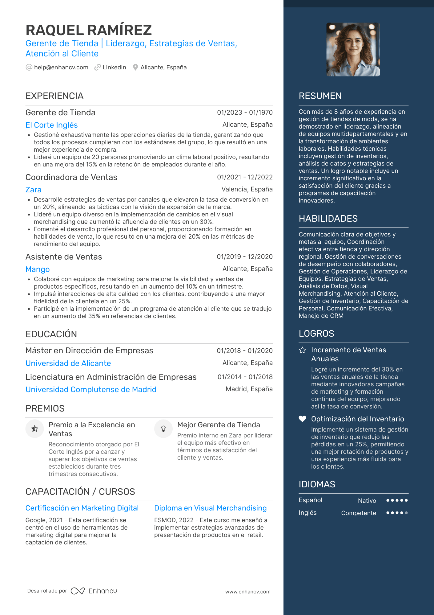 Gerente de Tienda | Liderazgo, Estrategias de Ventas, Atención al Cliente Ejemplo de CV
