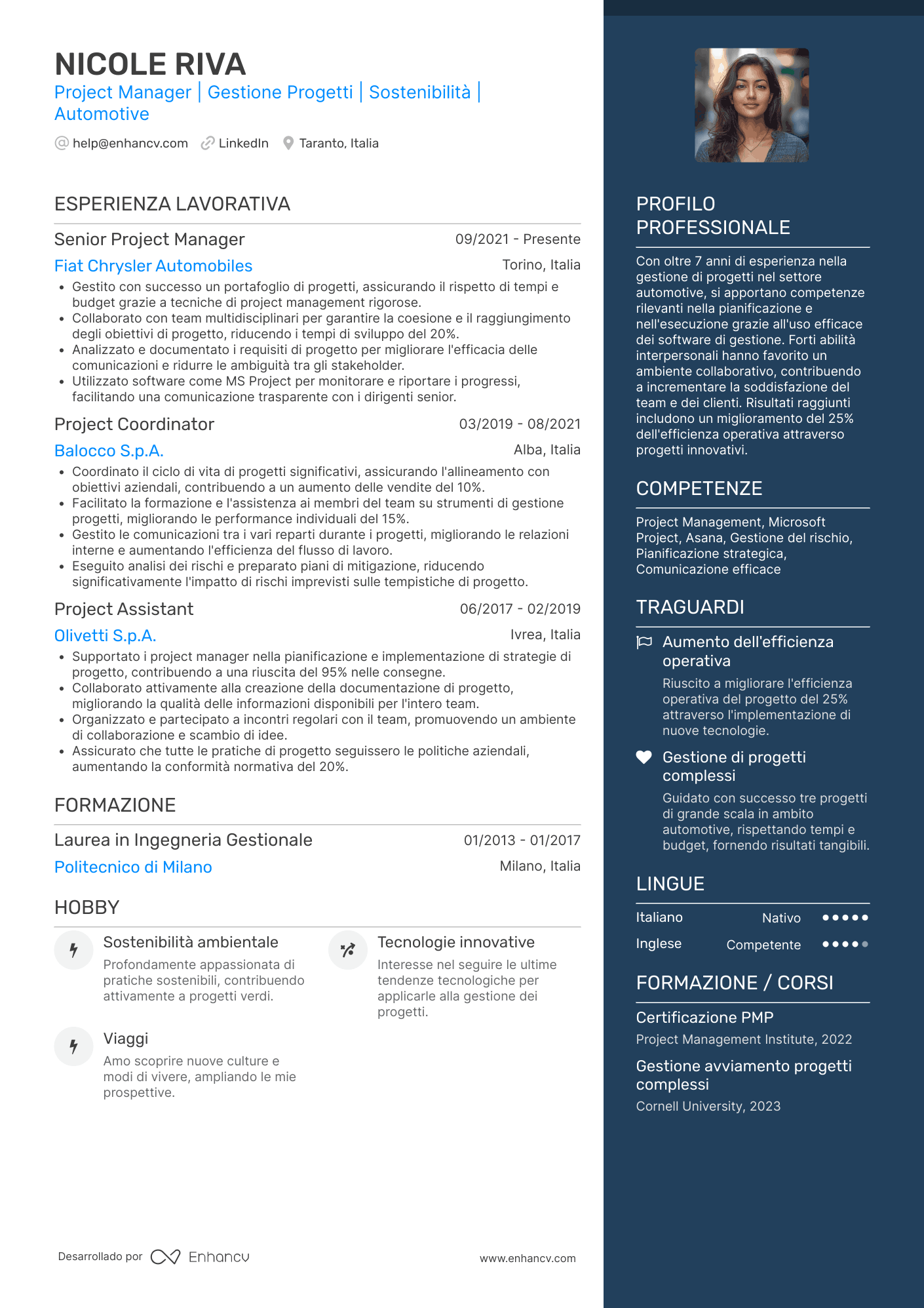 Project Manager | Gestione Progetti | Sostenibilità | Automotive Esempio di CV