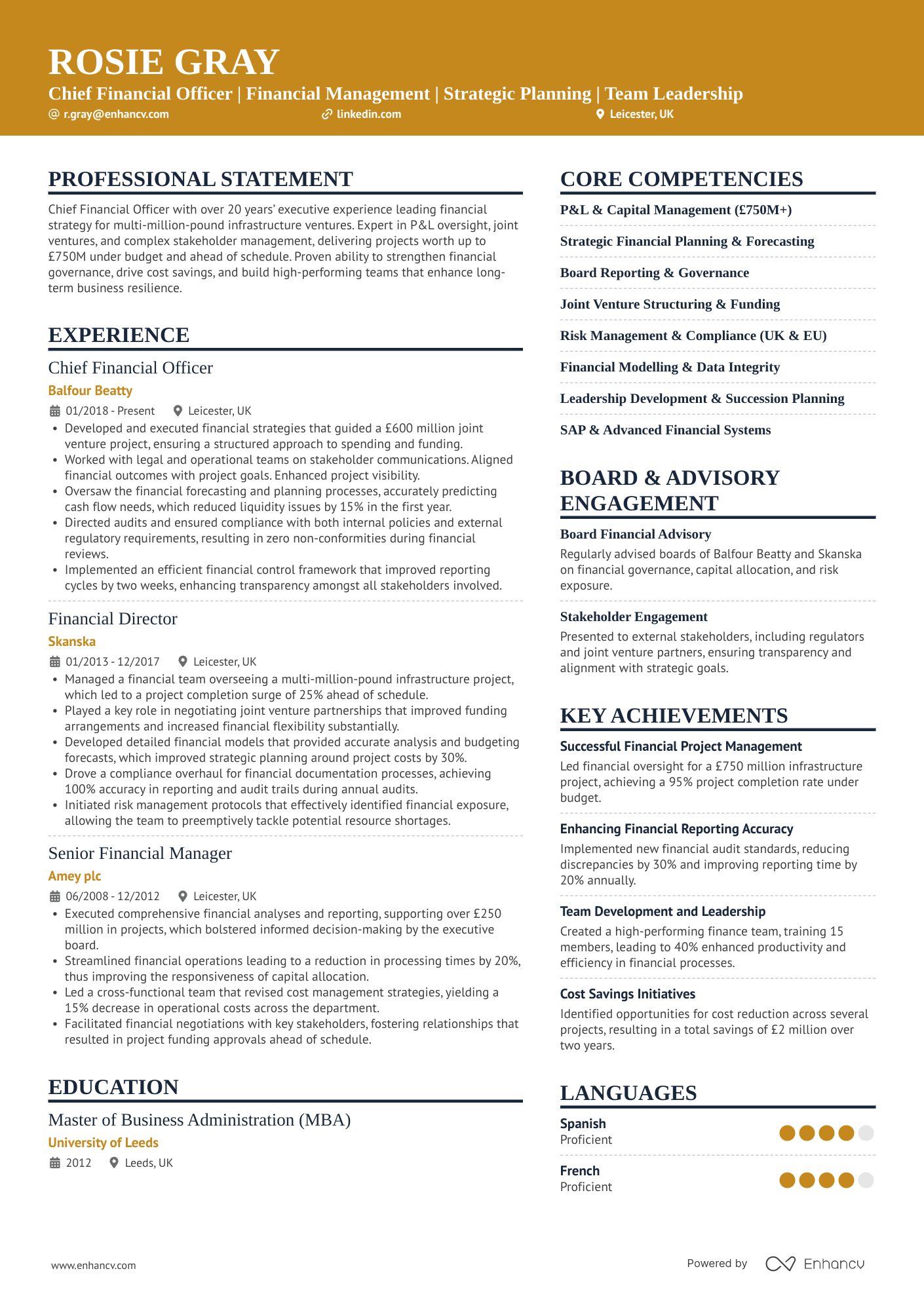 Chief Financial Officer | Financial Management | Strategic Planning | Team Leadership CV Example