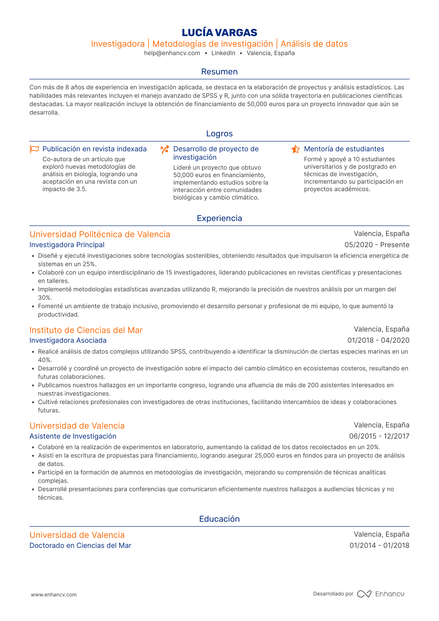 Investigadora | Metodologías de investigación | Análisis de datos Ejemplo de CV