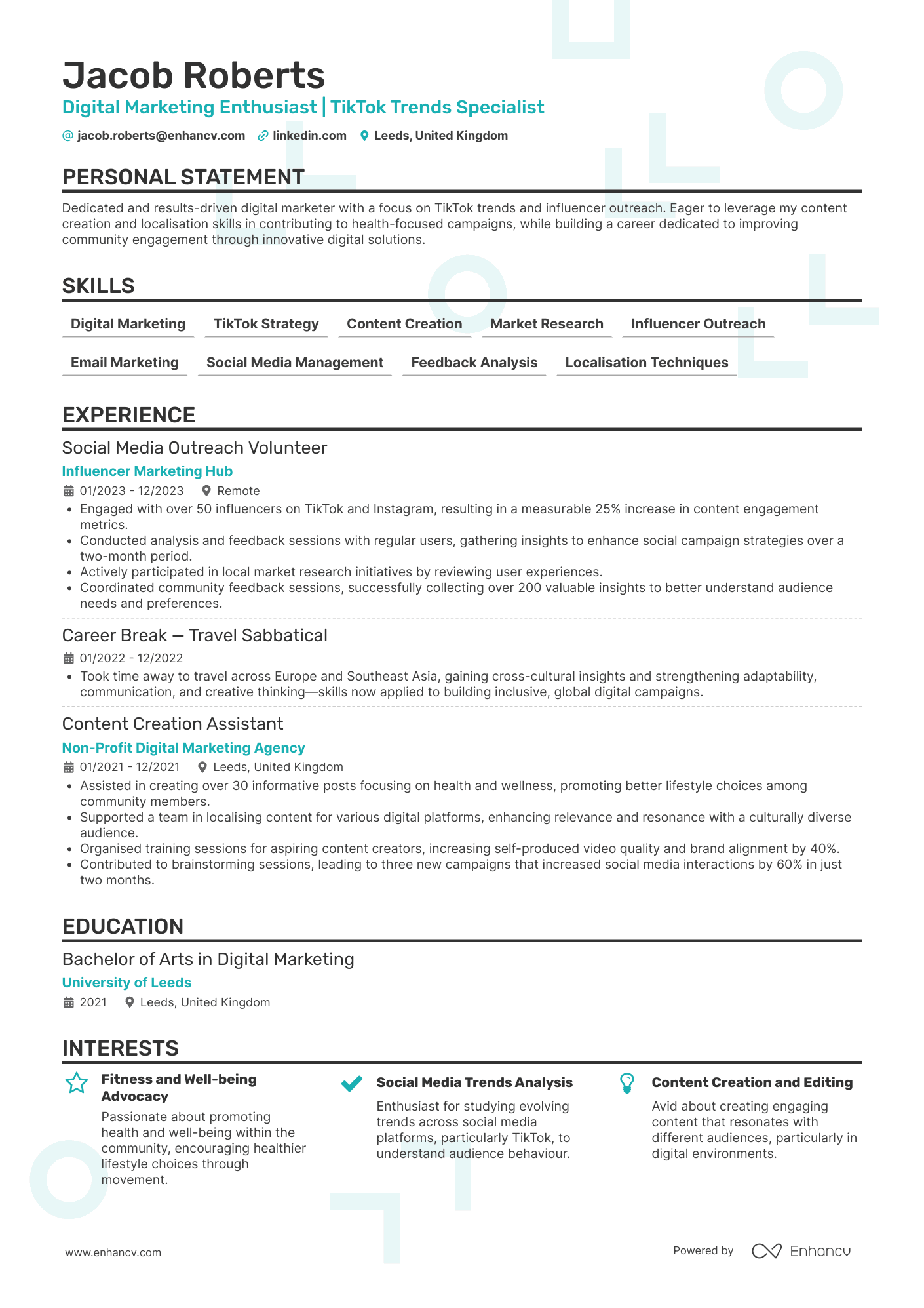 Digital Marketing Enthusiast | TikTok Trends Specialist CV Example