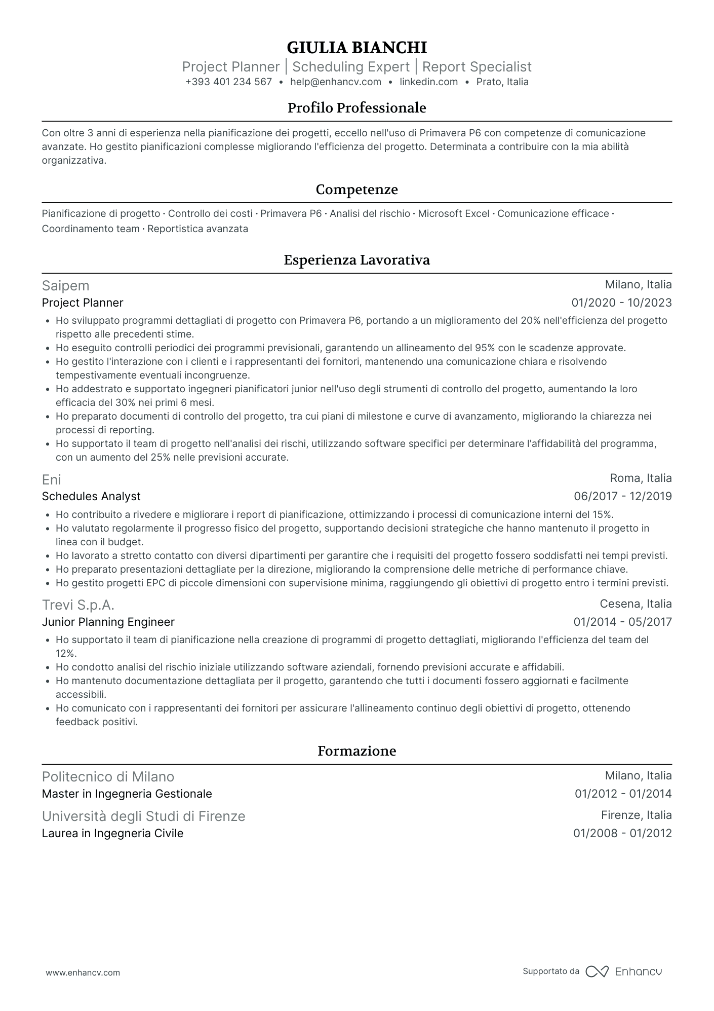 Project Planner | Scheduling Expert | Report Specialist resume example
