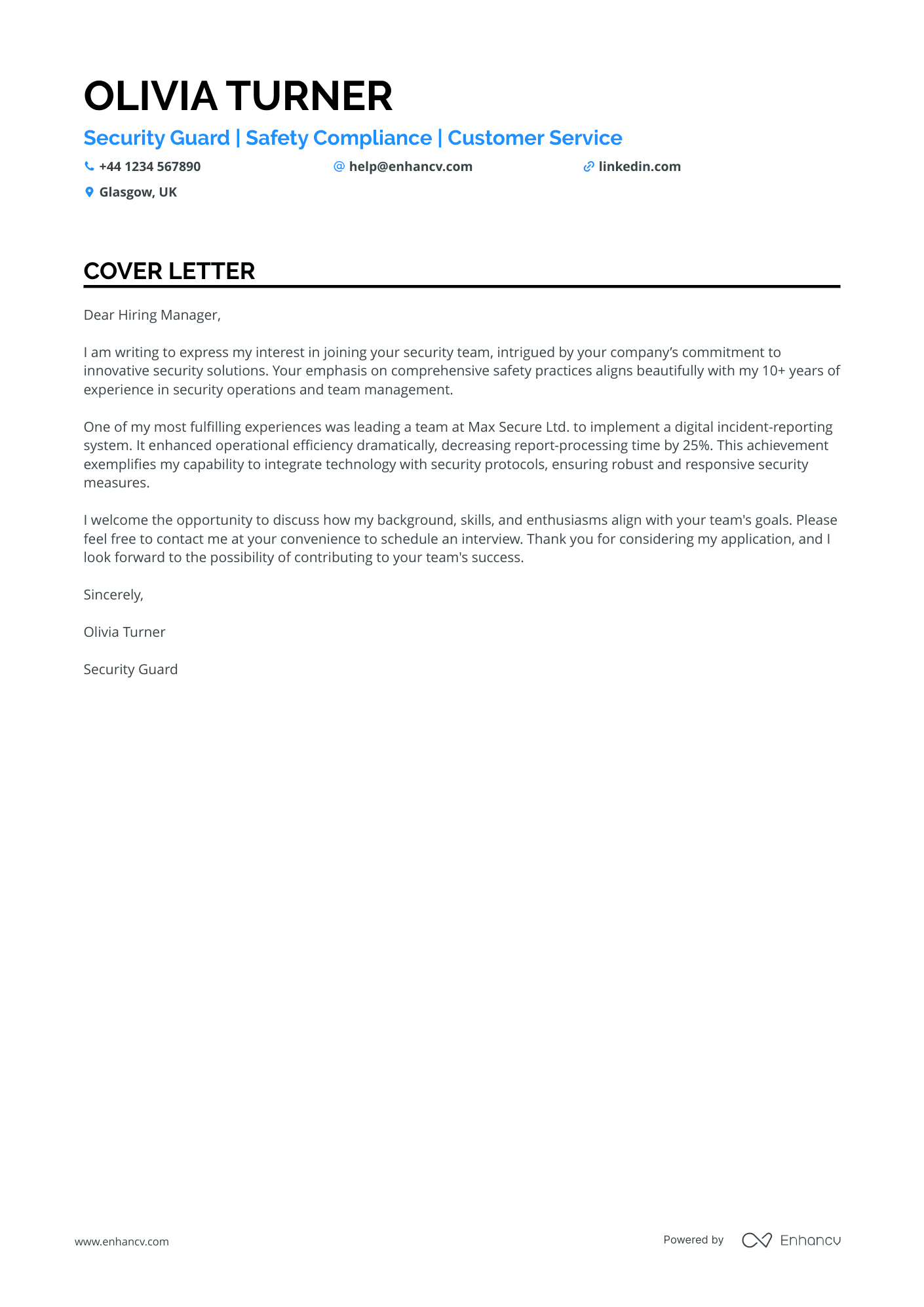 Security Guard cover letter example