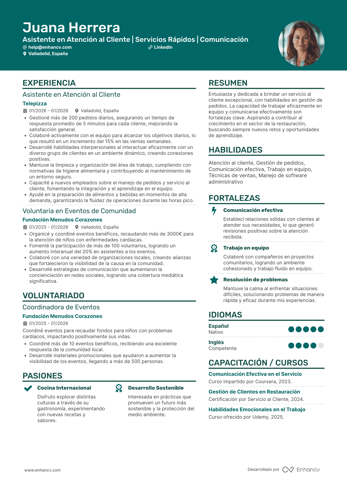 Asistente en Atención al Cliente | Servicios Rápidos | Comunicación Ejemplo de CV