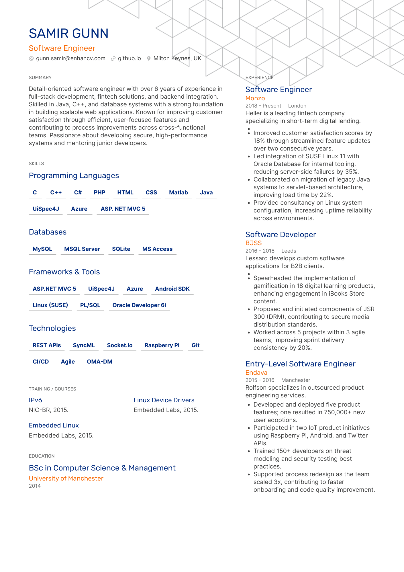 Software Engineer CV Example