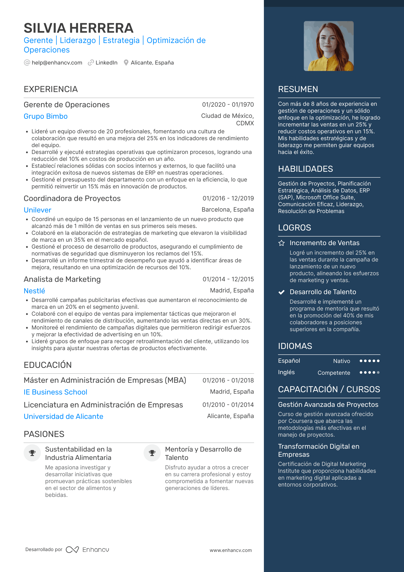 Gerente | Liderazgo | Estrategia | Optimización de Operaciones Ejemplo de CV