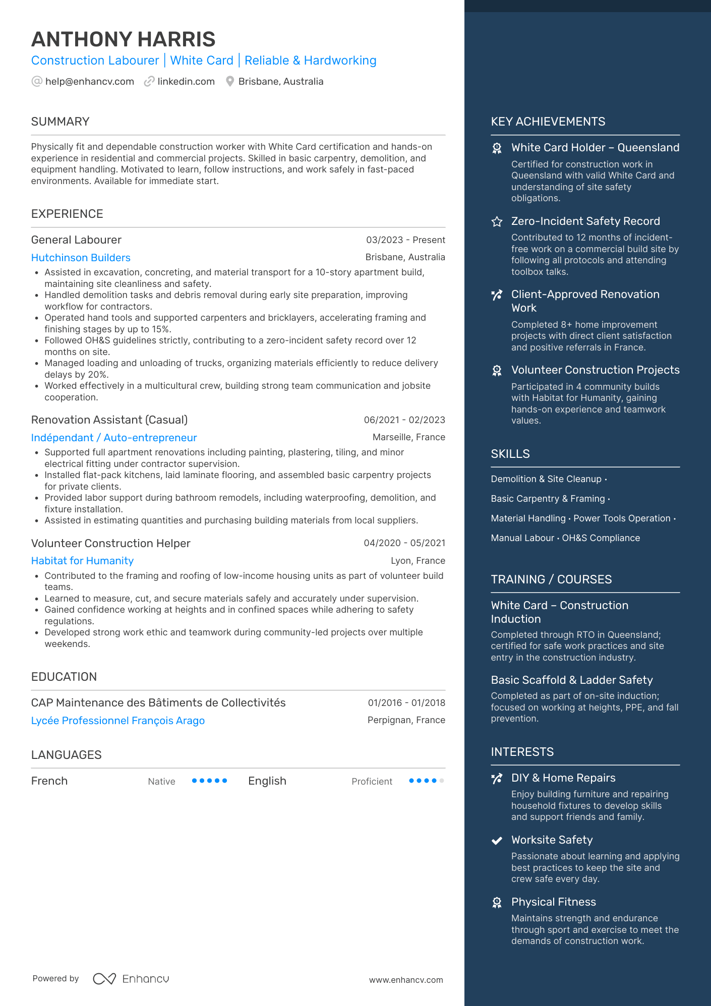 Construction Labourer | White Card | Reliable &amp; Hardworking resume example