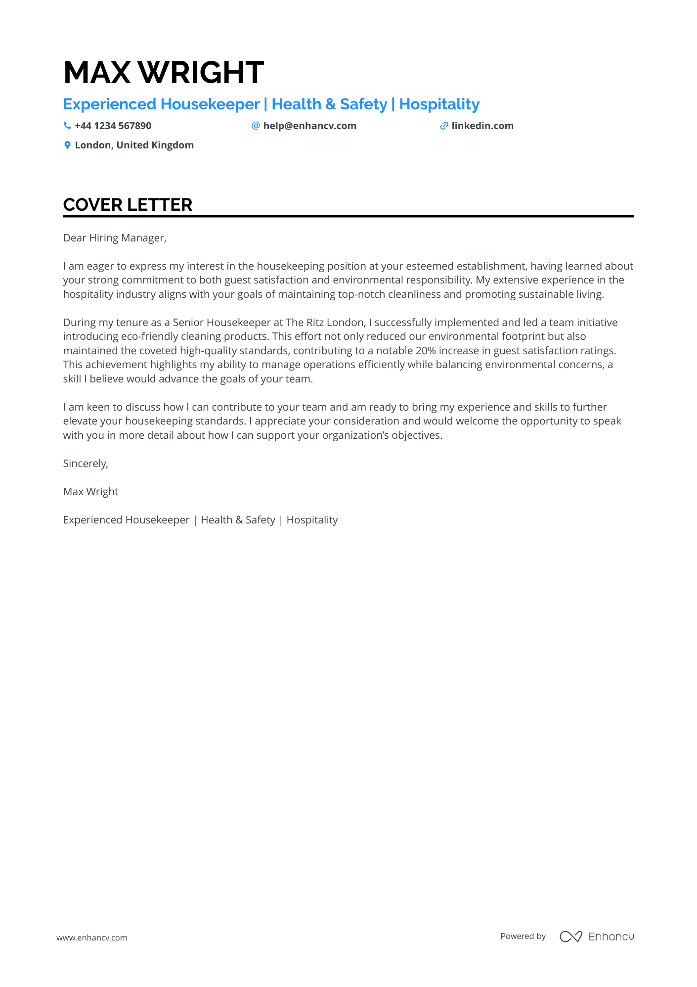 Housekeeper cover letter example