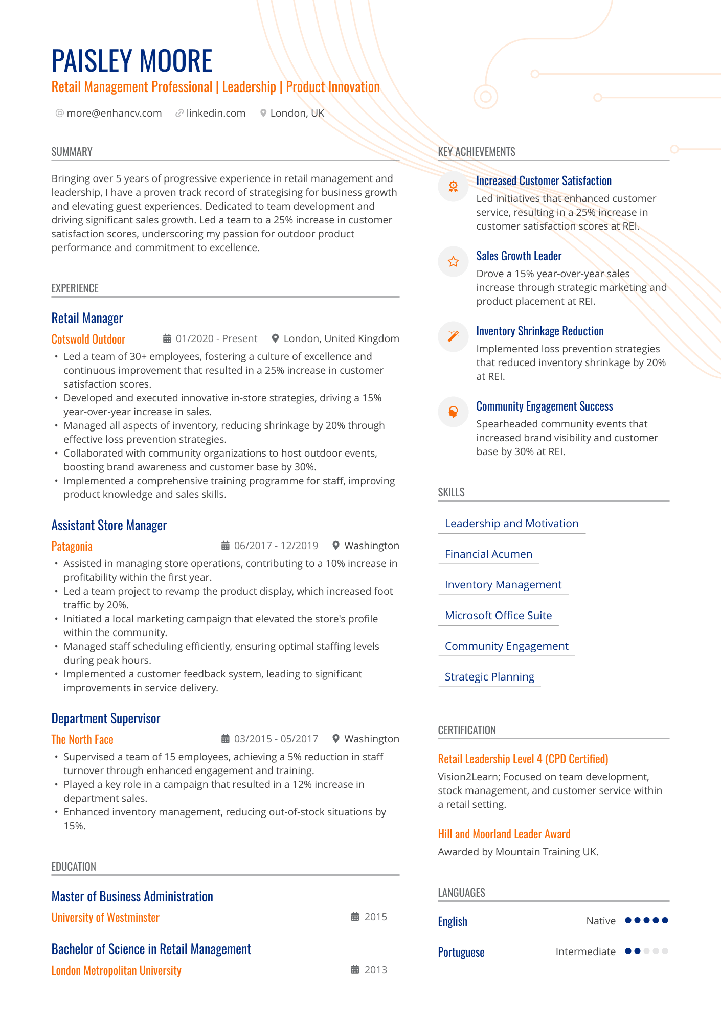 Retail Management Professional | Leadership | Product Innovation resume example