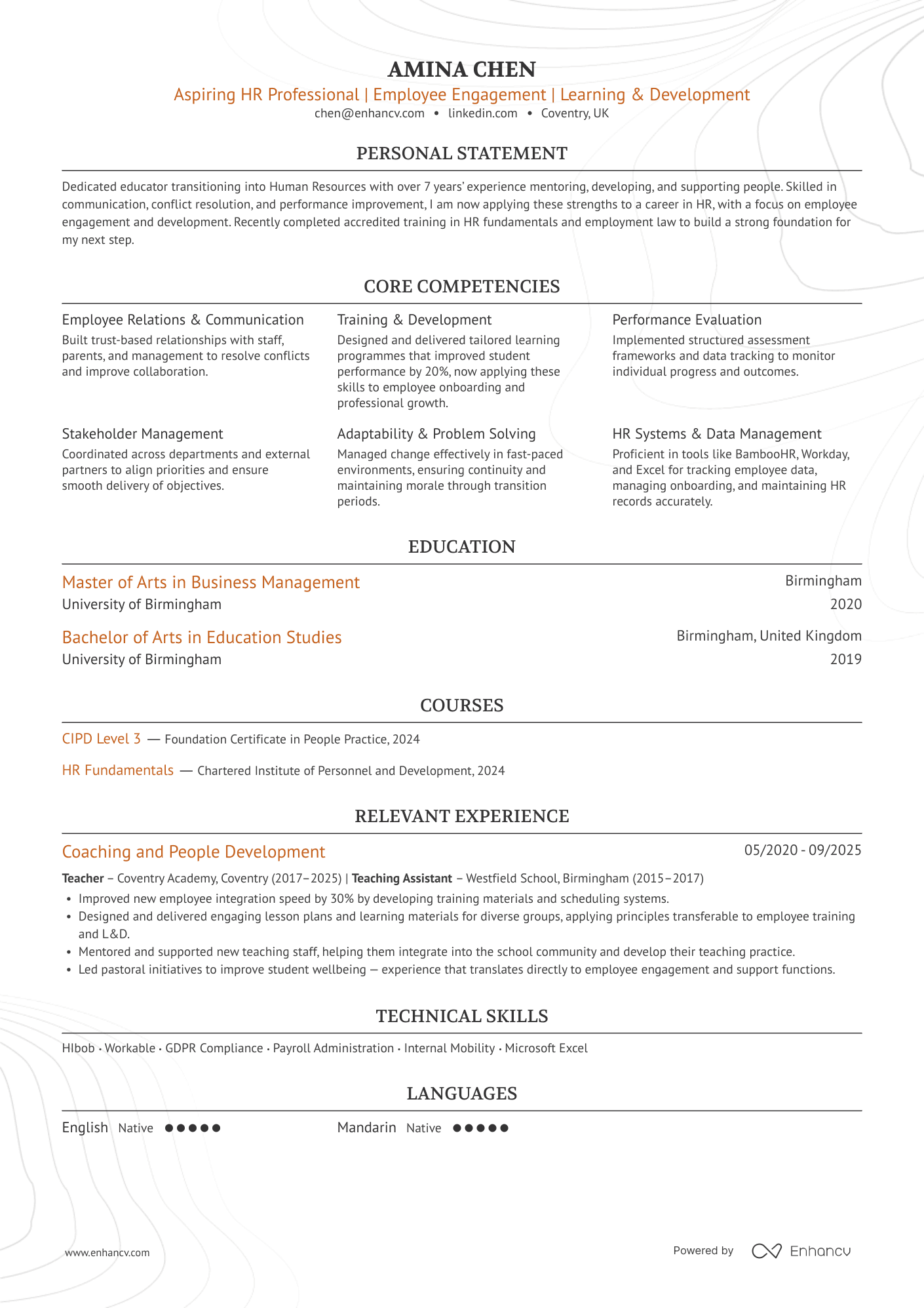 Aspiring HR Professional | Employee Engagement | Learning &amp; Development CV Example