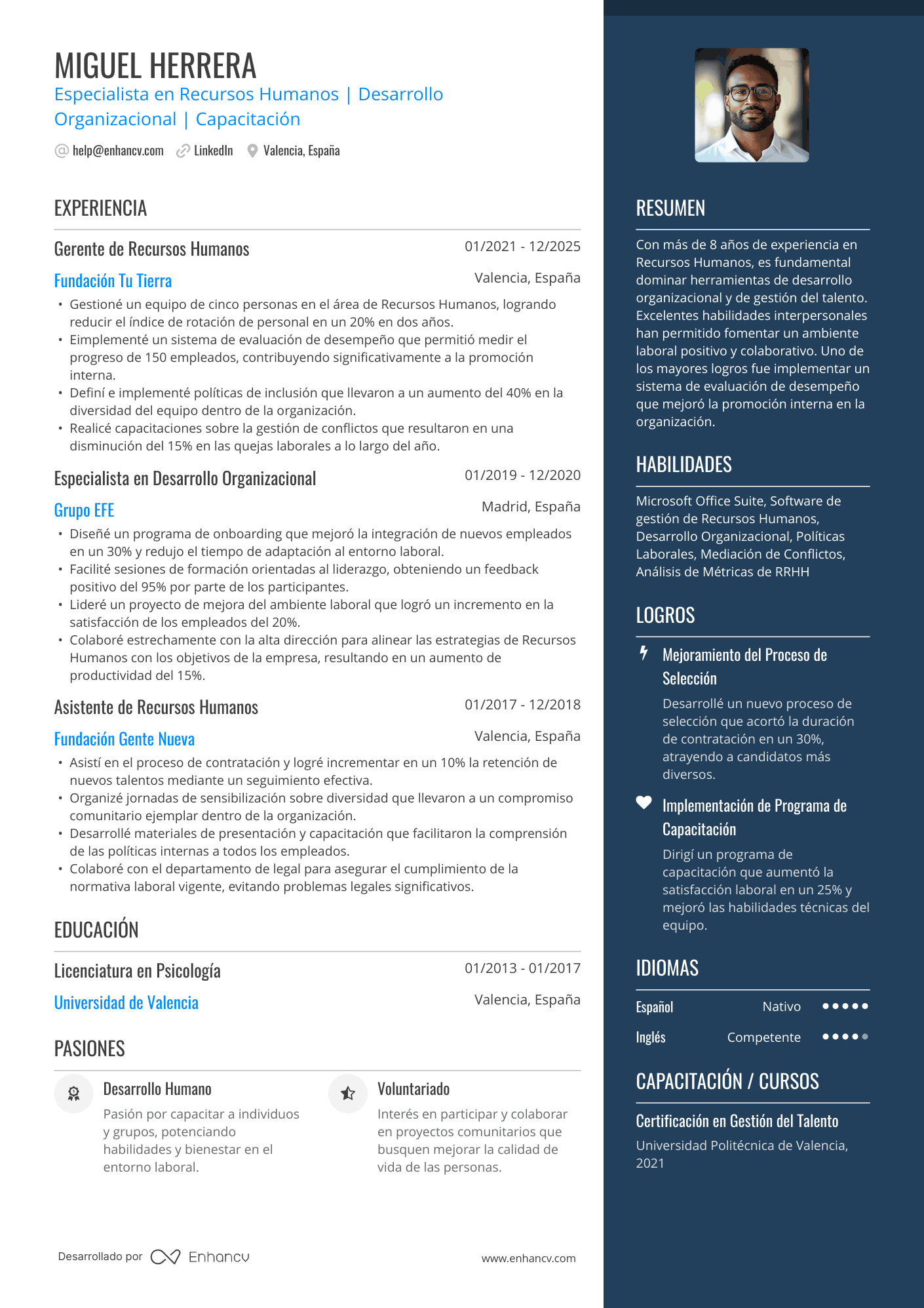 Especialista en Recursos Humanos | Desarrollo Organizacional | Capacitación Ejemplo de CV