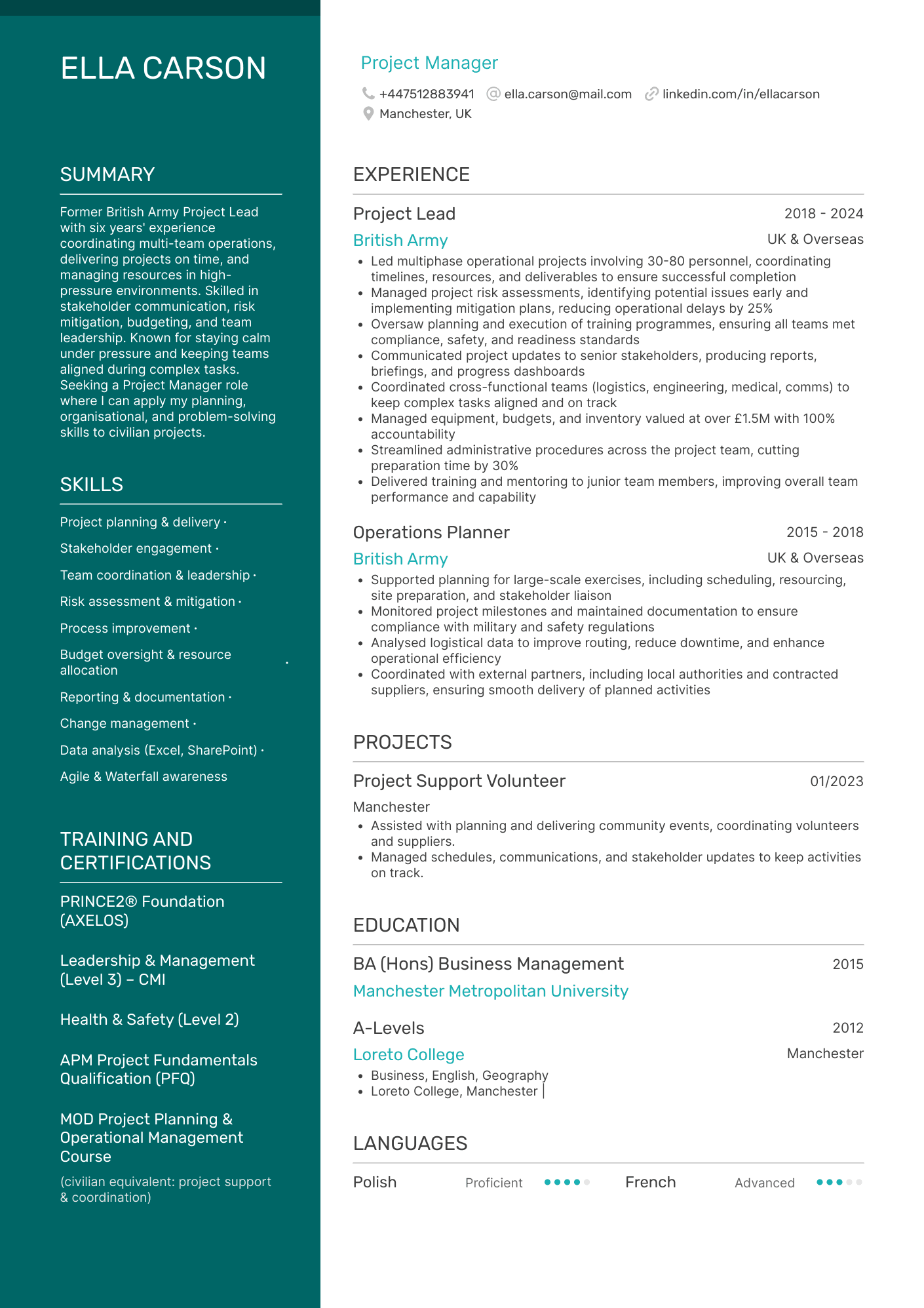 Project Manager CV Example