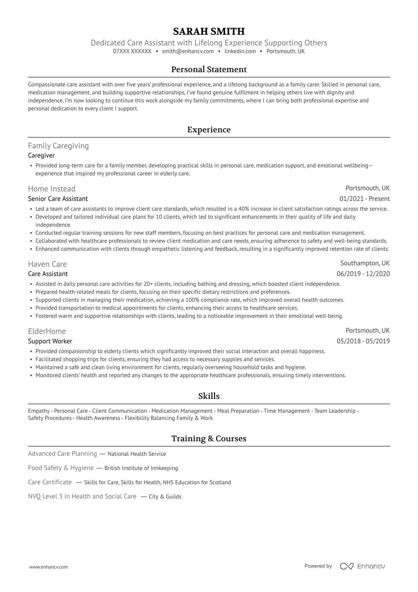 Dedicated Care Assistant with Lifelong Experience Supporting Others CV Example