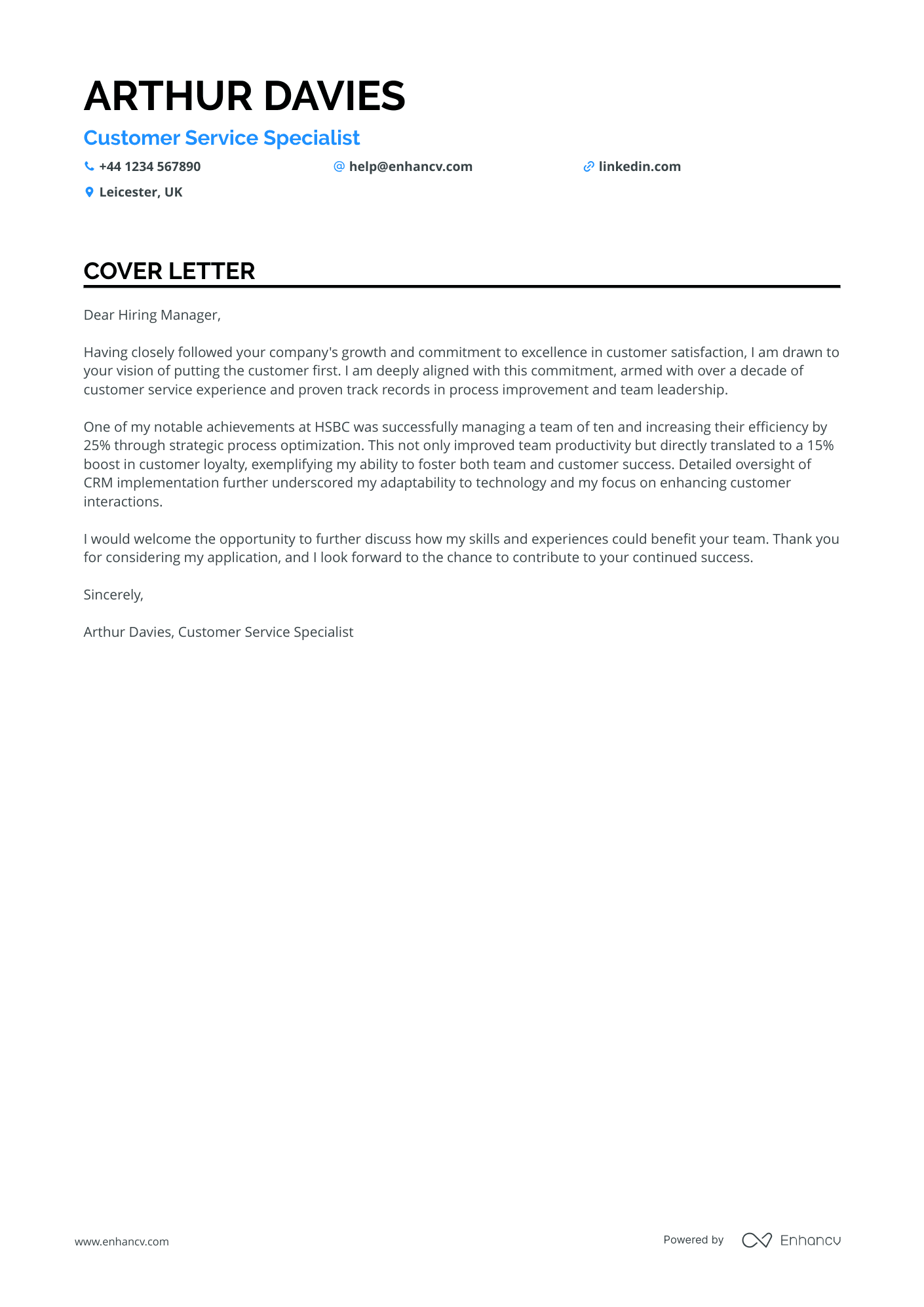 Customer service cover letter example