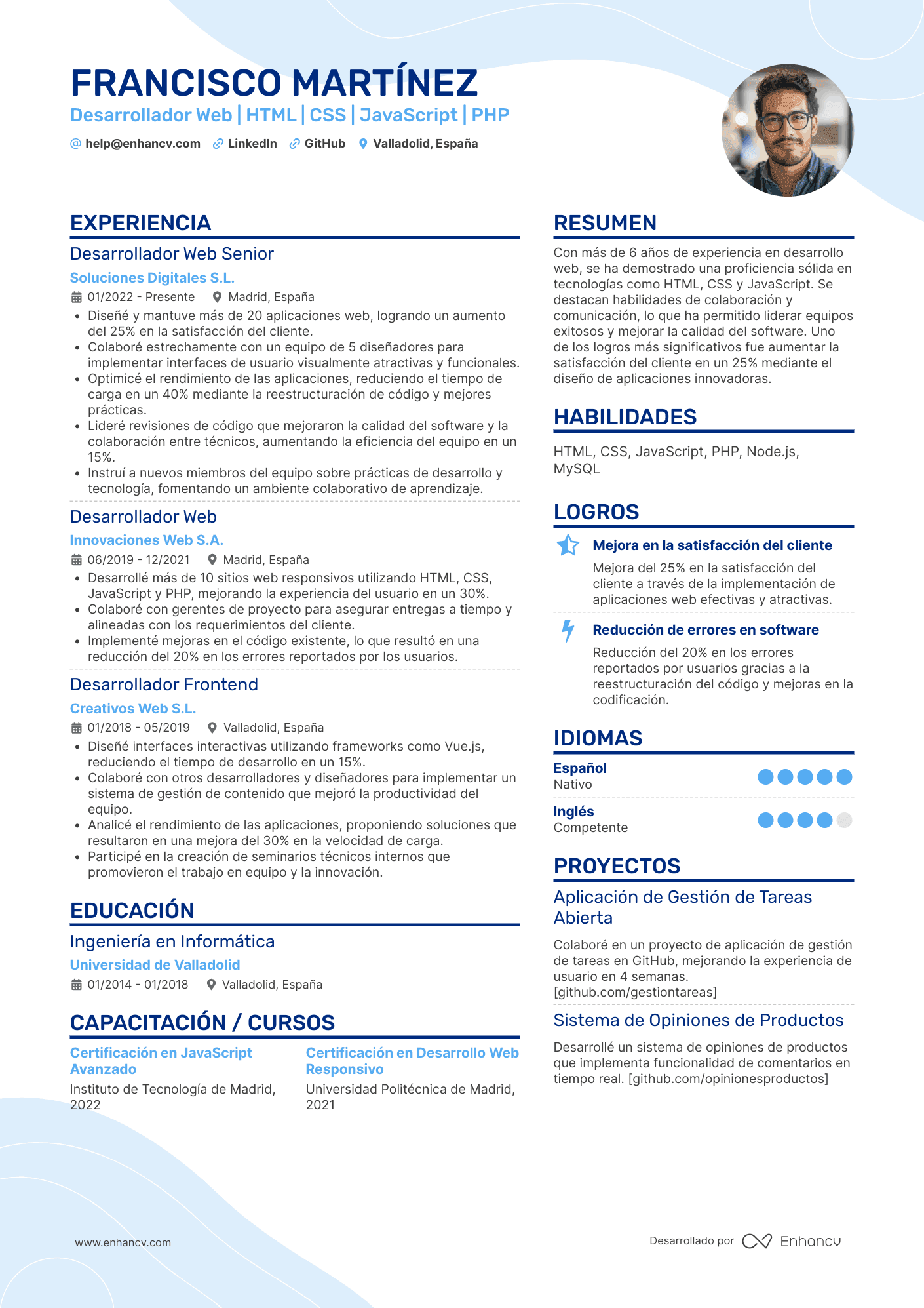 Desarrollador Web | HTML | CSS | JavaScript | PHP Ejemplo de CV