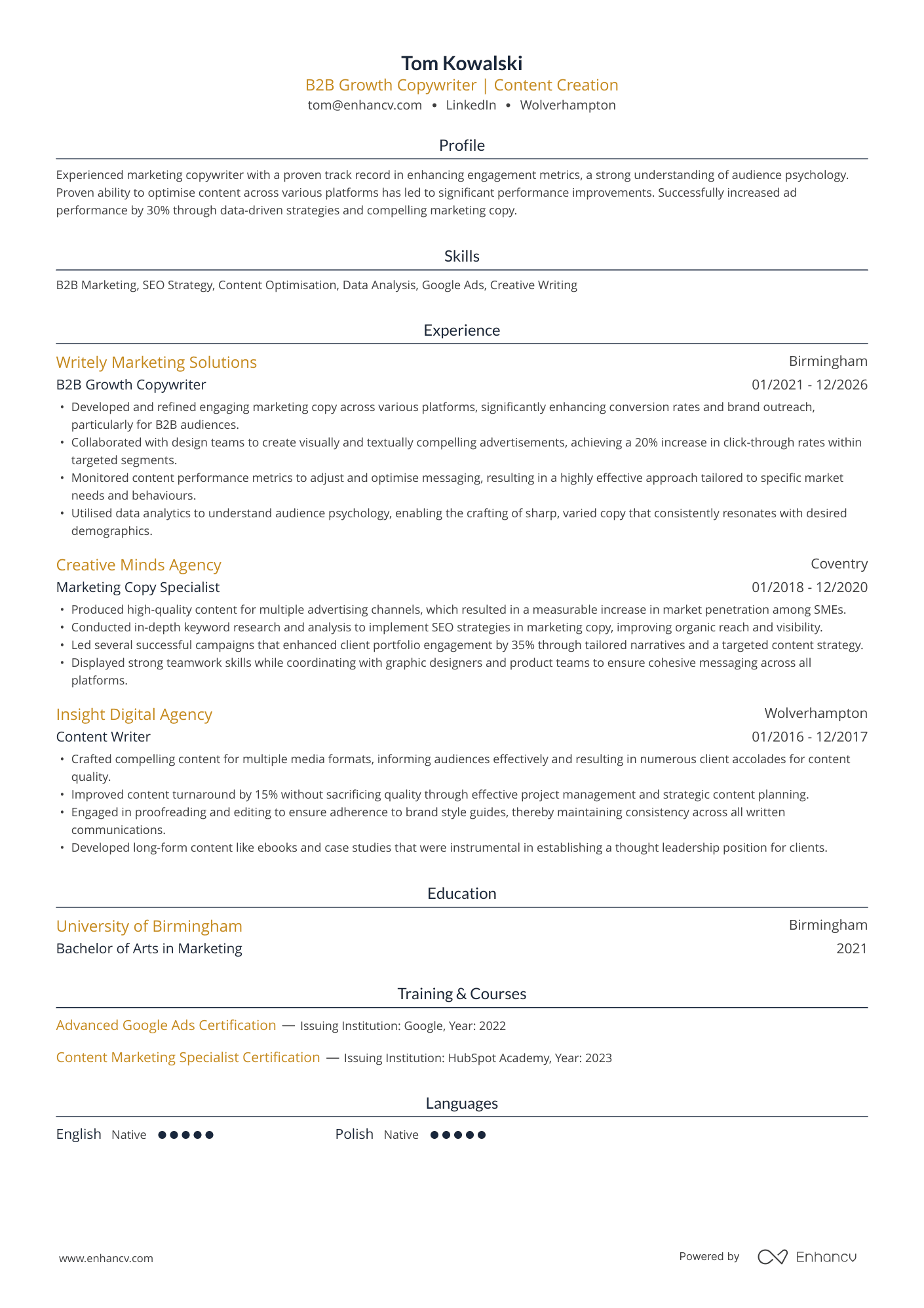 B2B Growth Copywriter | Content Creation CV Example