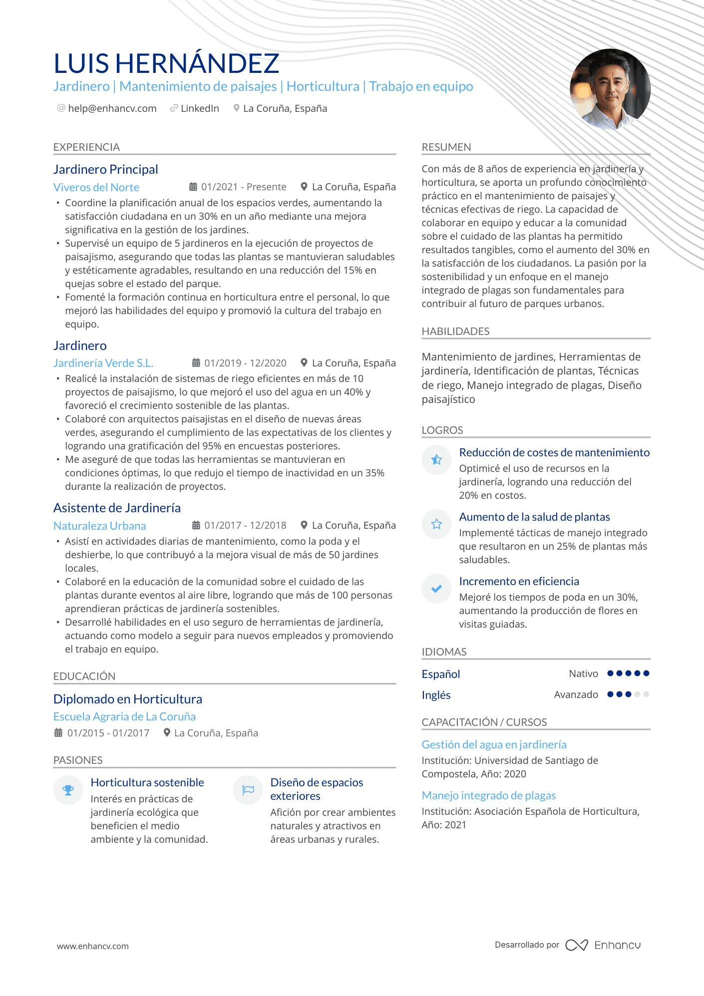 Jardinero | Mantenimiento de paisajes | Horticultura | Trabajo en equipo Ejemplo de CV