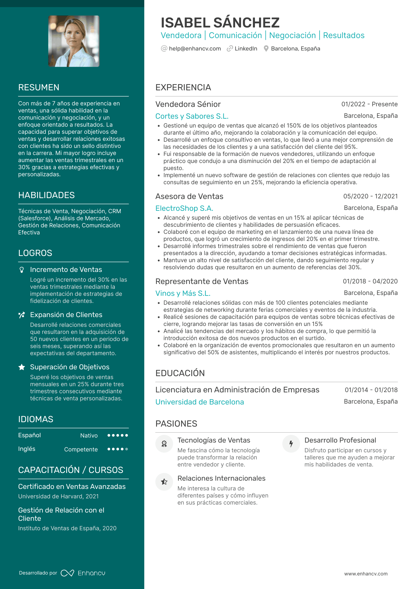 Vendedora | Comunicación | Negociación | Resultados Ejemplo de CV