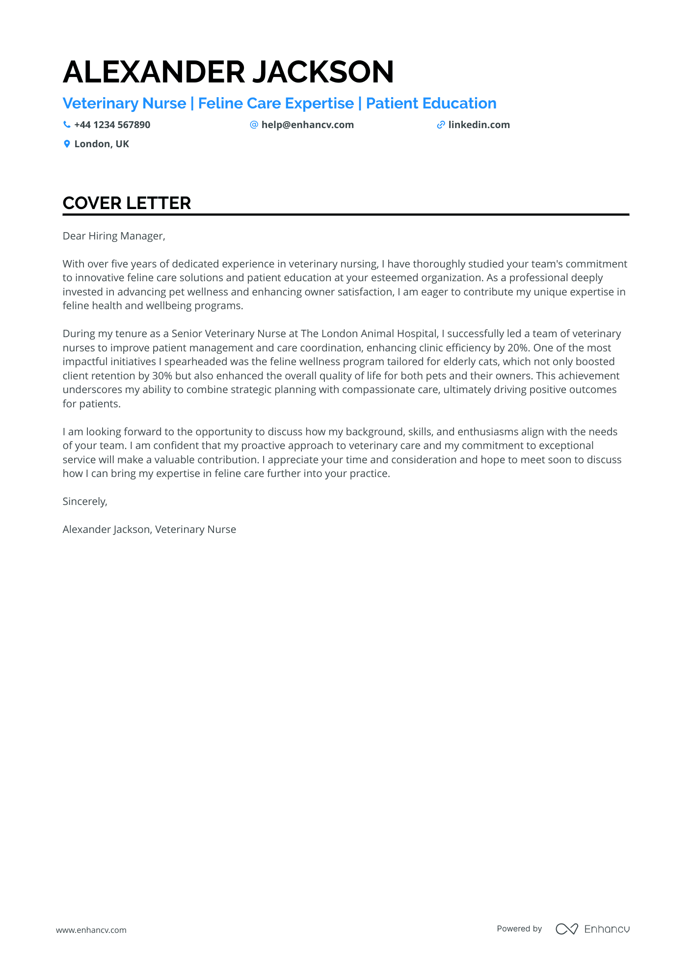Veterinary nurse cover letter example